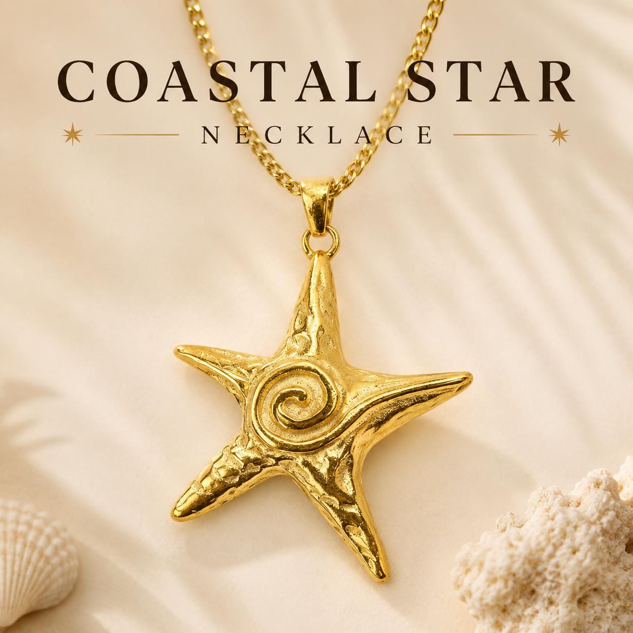 Coastal Star Necklace with a sculptural gold sea star pendant on a coastal background.