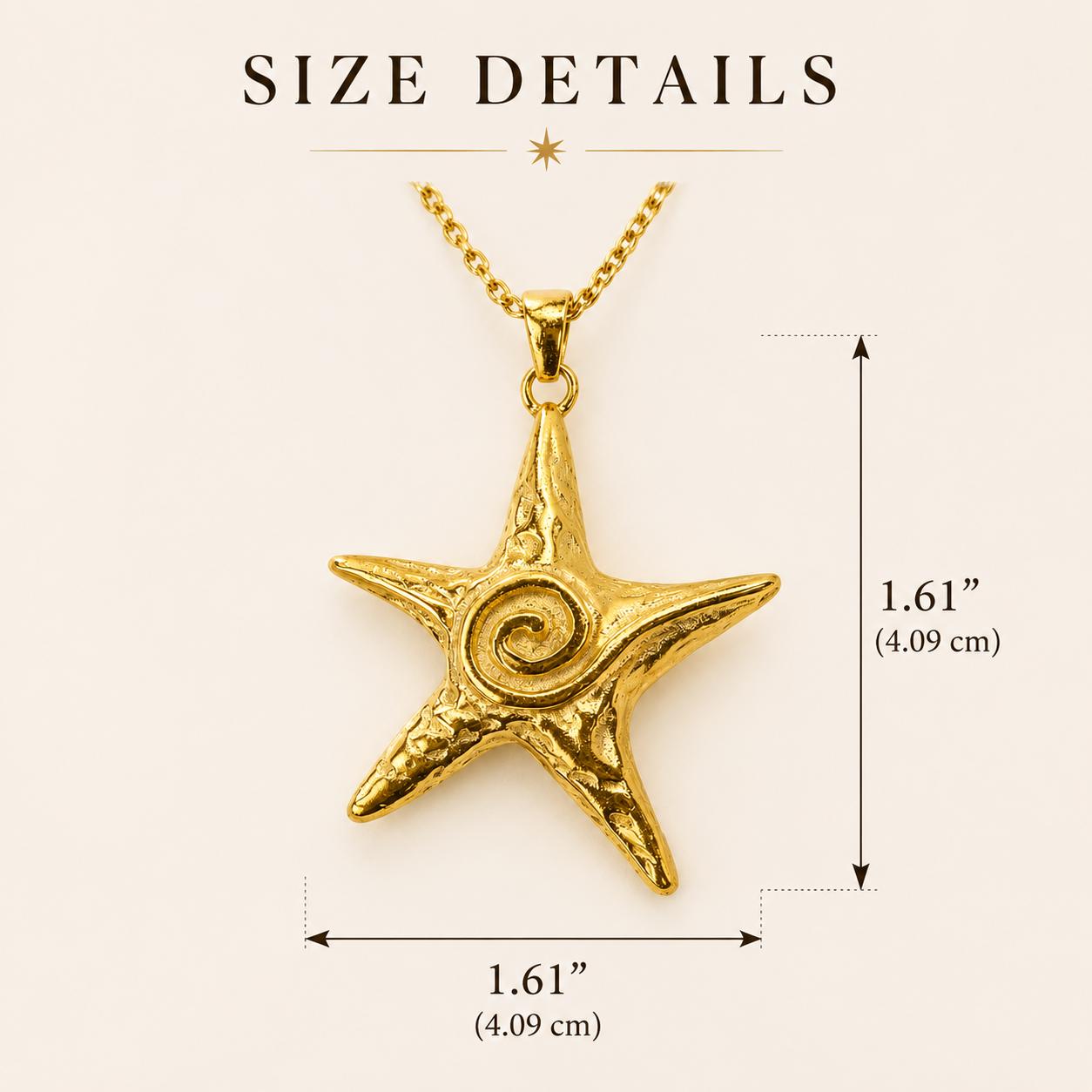 Gold Star Necklace size guide showing a 1.61 inch textured coastal star pendant.