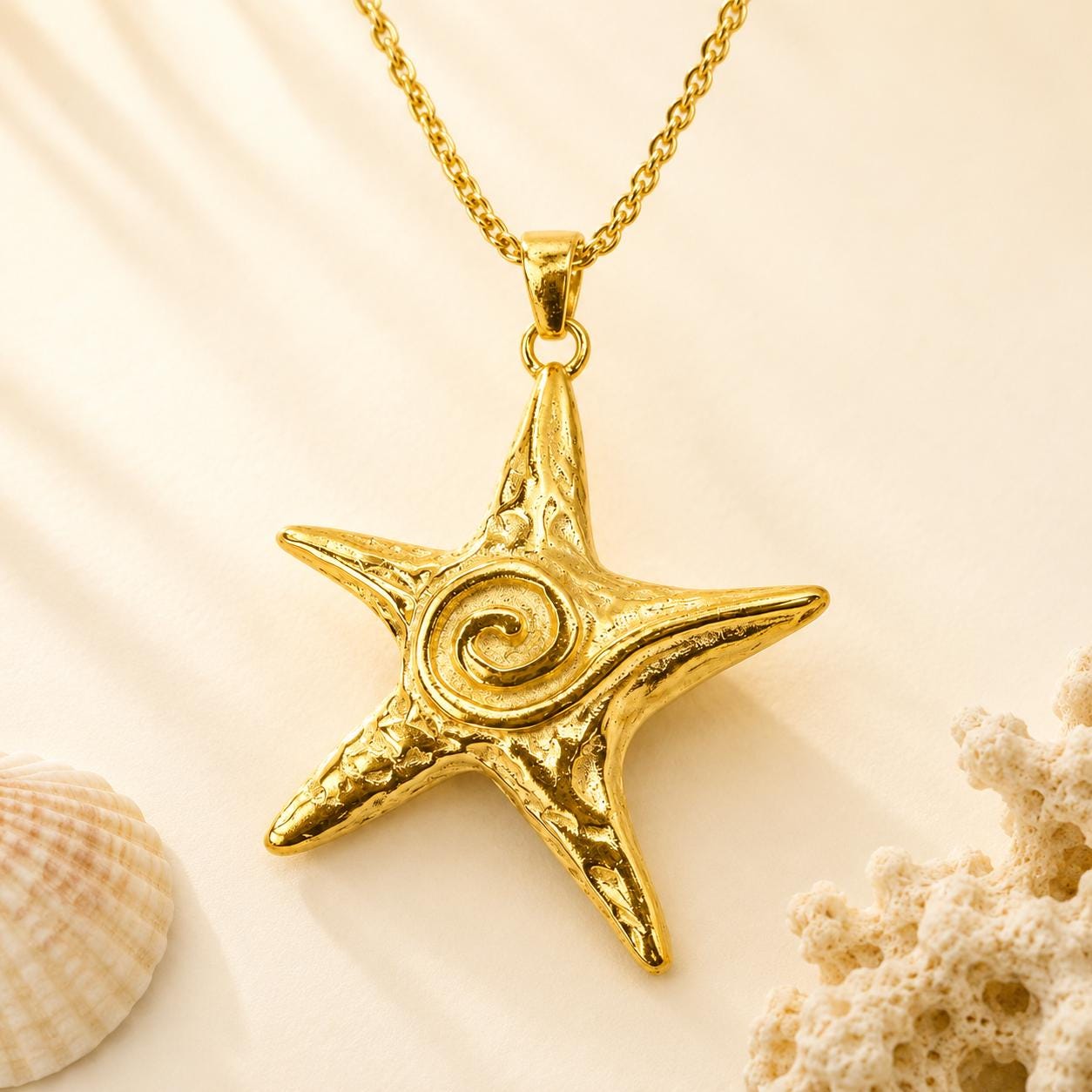 Gold star necklace featuring a large textured star pendant with spiral center design, coastal statement jewelry inspired by ocean and beach style.