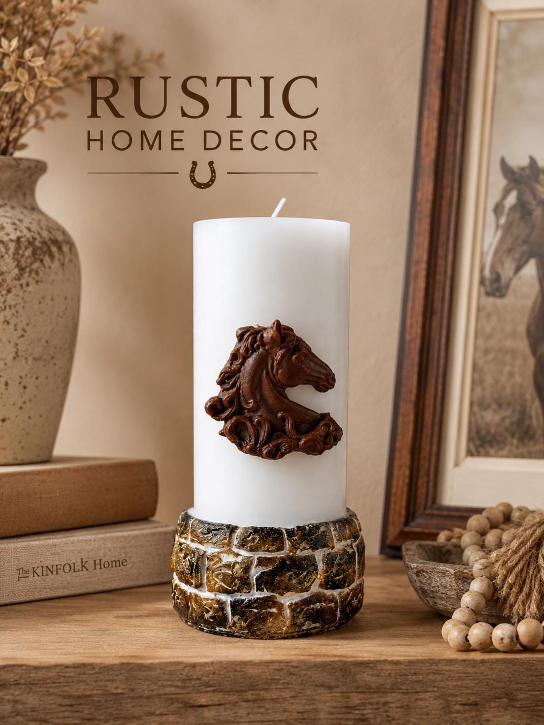 Horse Lover Gift candle displayed on a rustic wooden table with farmhouse decor, featuring a detailed brown horse relief on a white pillar candle for equestrian styling, western home interiors, ranch decor, and country-style gift displays.