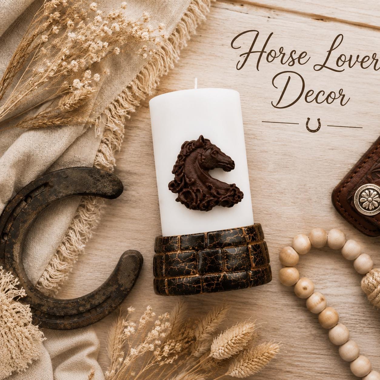 Horse Lover Gift candle displayed in a rustic flat lay with a vintage horseshoe, dried flowers, linen fabric, wooden beads, and western-inspired accents for farmhouse decor, equestrian interiors, horse lovers, ranch homes, horse mom gifts, and horse owner gifts.