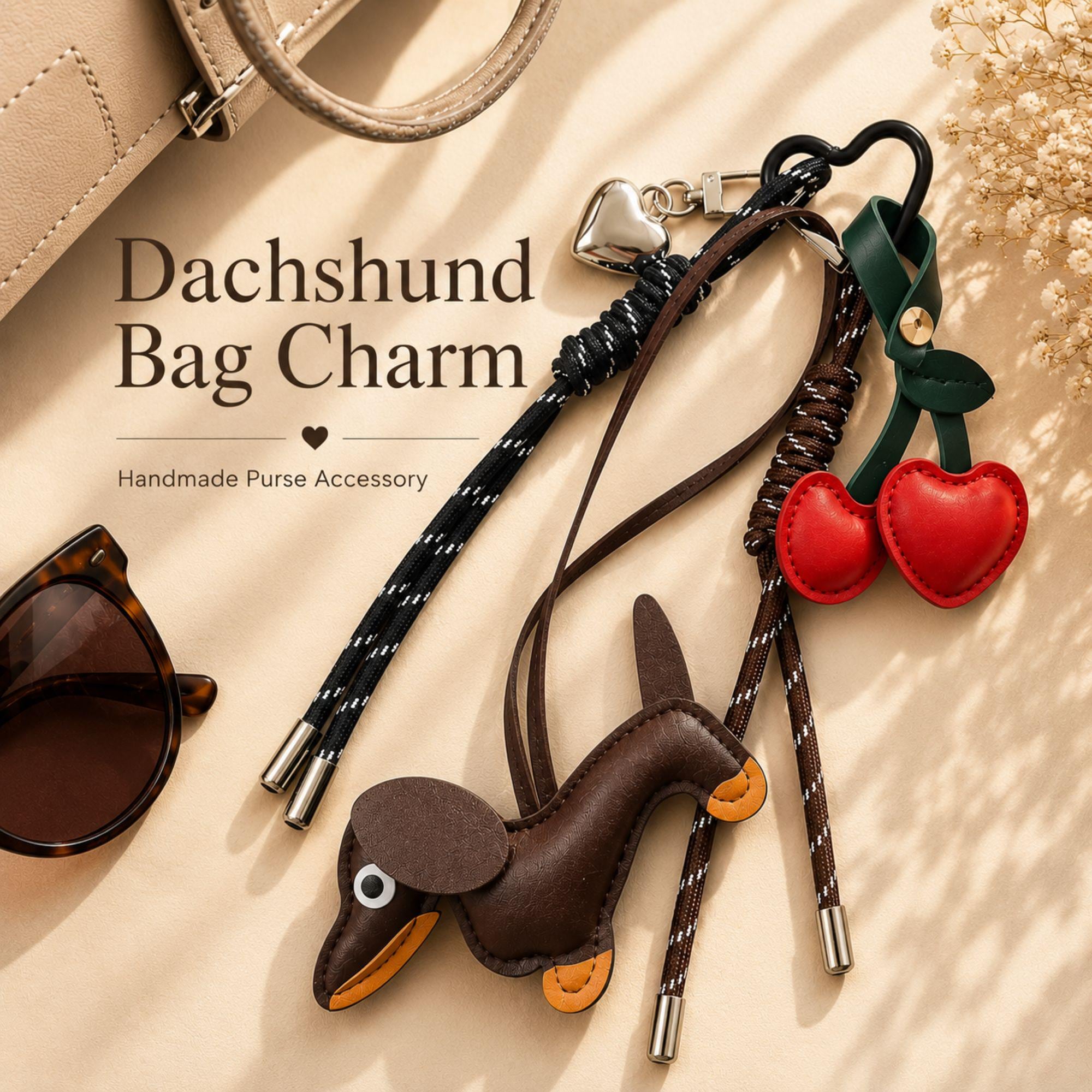 Brown dachshund bag charm with red cherry purse charm and heart keychain attached to a handbag. Cute wiener dog bag accessory designed for tote bags, purses, shoulder bags, backpacks and designer handbags. Kawaii purse charm inspired by Y2K fashion trends and bag charm styling. Lightweight dog lover gift featuring a dachshund pendant, cherry charm and heart detail. Fashion handbag accessory for women, teens, dog moms, dachshund owners and purse charm collectors.