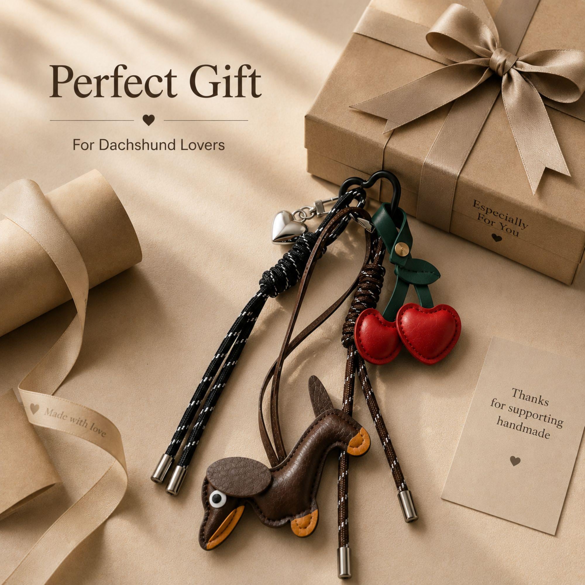 Brown dachshund bag charm with red cherry purse charm and heart keychain attached to a handbag. Cute wiener dog bag accessory designed for tote bags, purses, shoulder bags, backpacks and designer handbags. Kawaii purse charm inspired by Y2K fashion trends and bag charm styling. Lightweight dog lover gift featuring a dachshund pendant, cherry charm and heart detail. Fashion handbag accessory for women, teens, dog moms, dachshund owners and purse charm collectors.