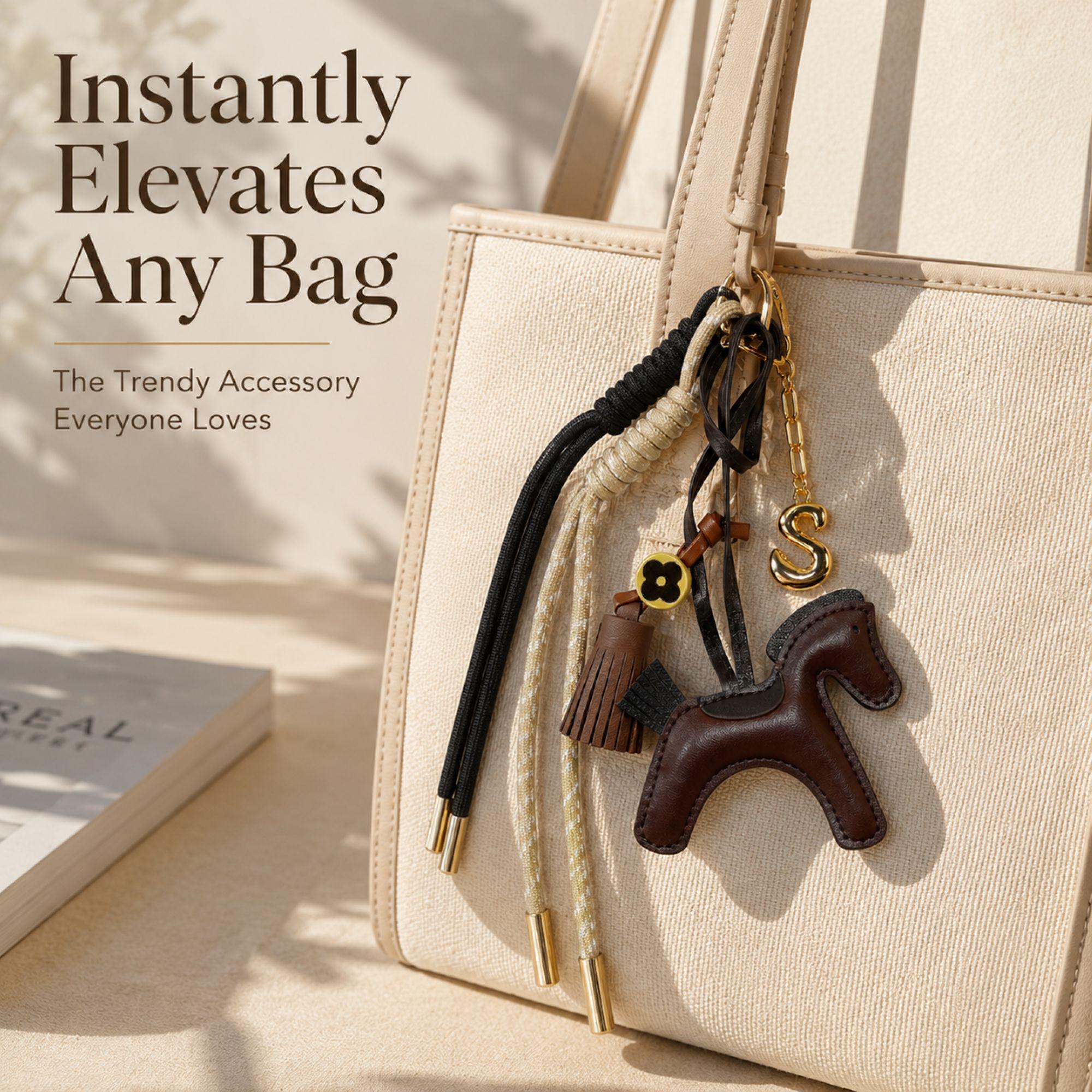 Handmade horse bag charm featuring a brown leather horse charm, tassel charm, decorative black and cream cords, and gold initial letter charm. Equestrian purse charm designed for handbags, tote bags, backpacks, travel bags, and everyday purses. Luxury horse keychain accessory for horse lovers, equestrian riders, western fashion enthusiasts, and women who love personalized handbag accessories. Stylish leather purse charm gift for her.