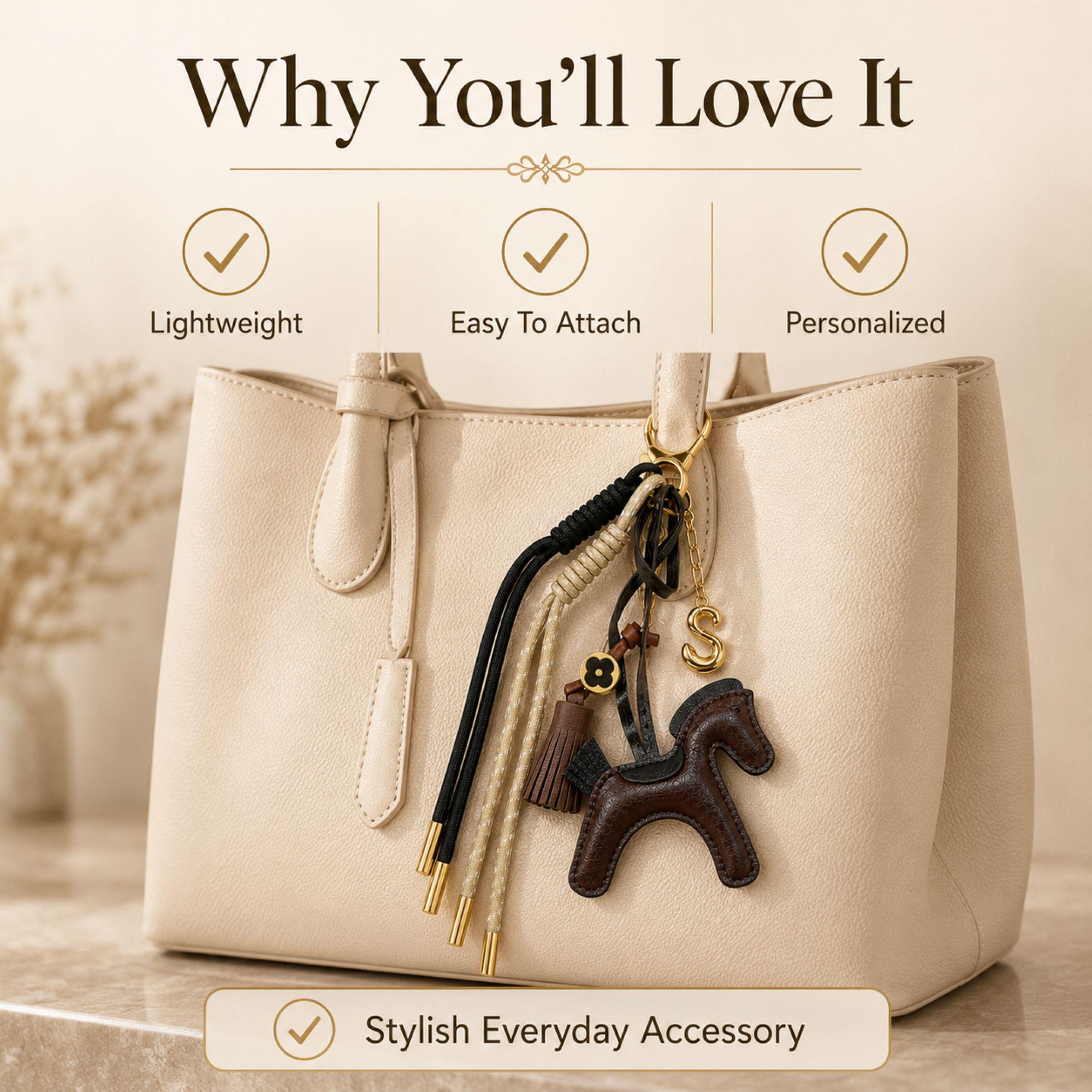 Handmade horse bag charm featuring a brown leather horse charm, tassel charm, decorative black and cream cords, and gold initial letter charm. Equestrian purse charm designed for handbags, tote bags, backpacks, travel bags, and everyday purses. Luxury horse keychain accessory for horse lovers, equestrian riders, western fashion enthusiasts, and women who love personalized handbag accessories. Stylish leather purse charm gift for her.