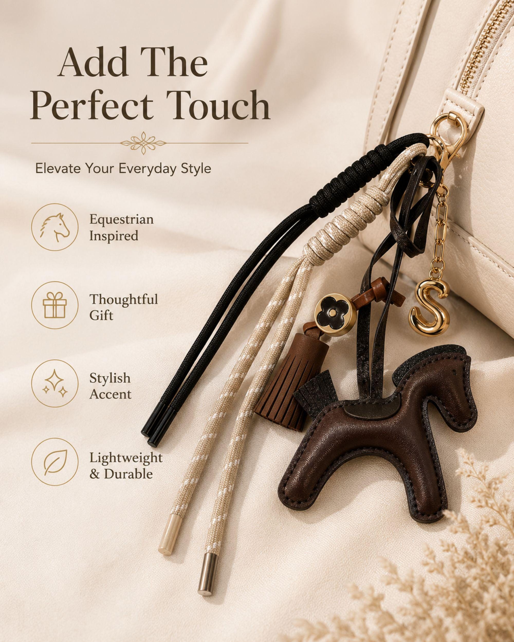 Handmade horse bag charm featuring a brown leather horse charm, tassel charm, decorative black and cream cords, and gold initial letter charm. Equestrian purse charm designed for handbags, tote bags, backpacks, travel bags, and everyday purses. Luxury horse keychain accessory for horse lovers, equestrian riders, western fashion enthusiasts, and women who love personalized handbag accessories. Stylish leather purse charm gift for her.