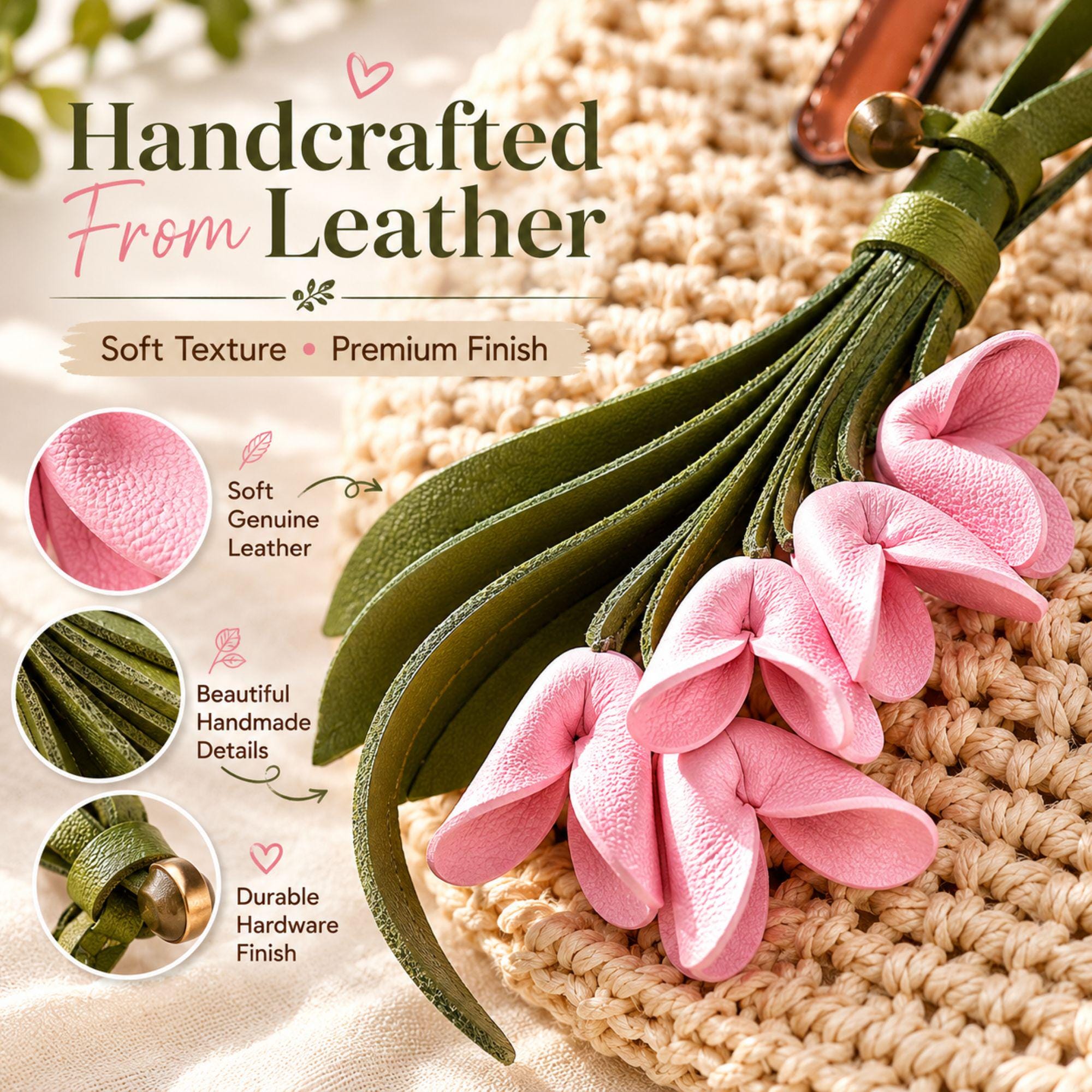 Handmade leather flower bag charm featuring five pink leather flowers, olive green leather tassel, and gold hardware attached to a woven straw tote bag. Floral purse charm designed for handbags, tote bags, beach bags, canvas bags, backpacks, and travel bags. Lightweight bag accessory and floral keychain that adds a feminine boho touch to everyday style. Perfect flower purse charm, tote bag charm, handbag decoration, summer bag accessory, gift for women, mom, sister, daughter, friend, bridesmaid.