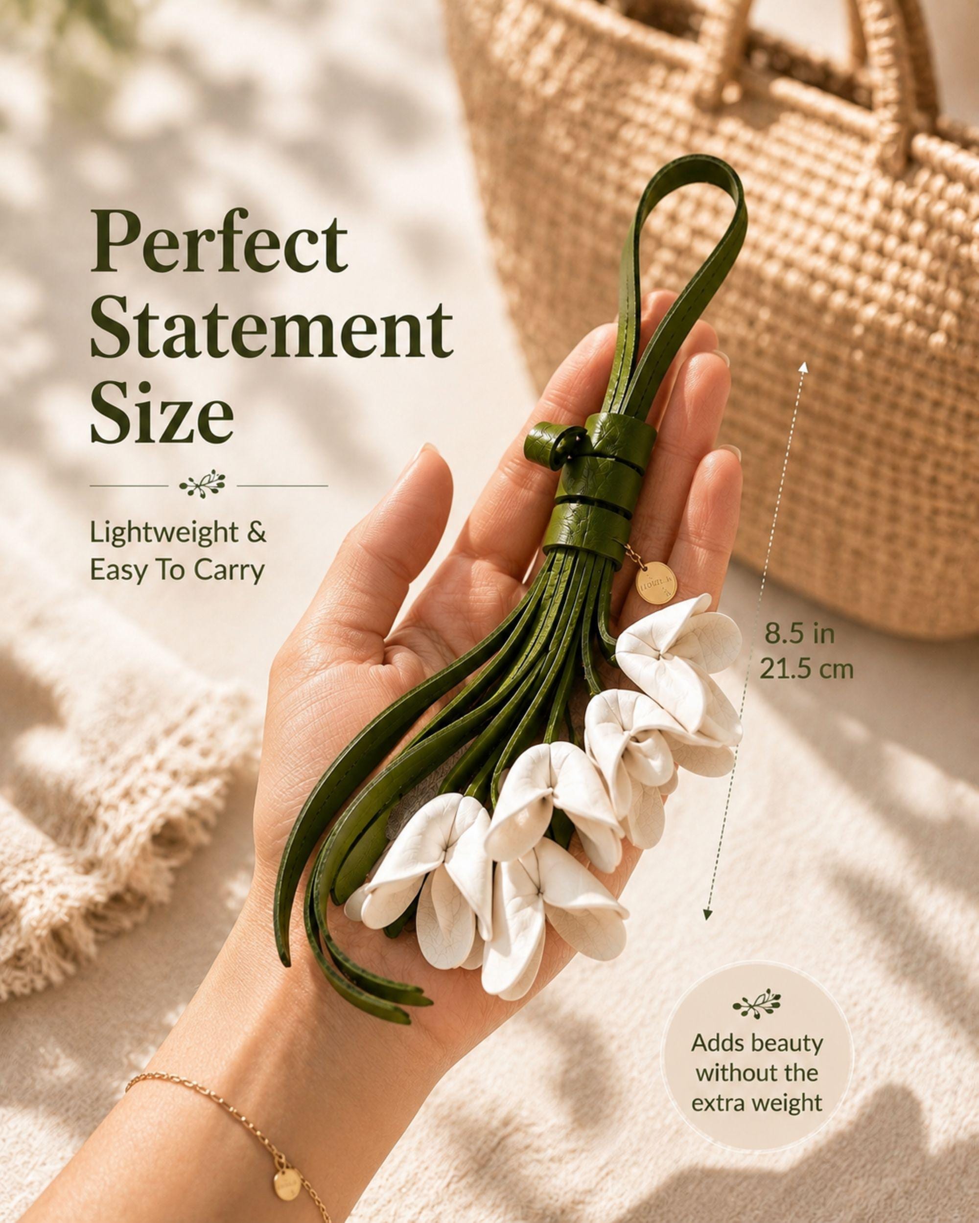 Handmade white flower bag charm featuring delicate white leather flowers attached to flowing green leather tassels with gold hardware. Floral purse charm designed for tote bags, handbags, backpacks, woven straw bags, beach bags, canvas totes, and everyday purses. Lightweight handbag accessory inspired by cottagecore, boho, feminine, and floral fashion trends. Unique gift for women, mom, sister, daughter, best friend, bridesmaid, and flower lovers.