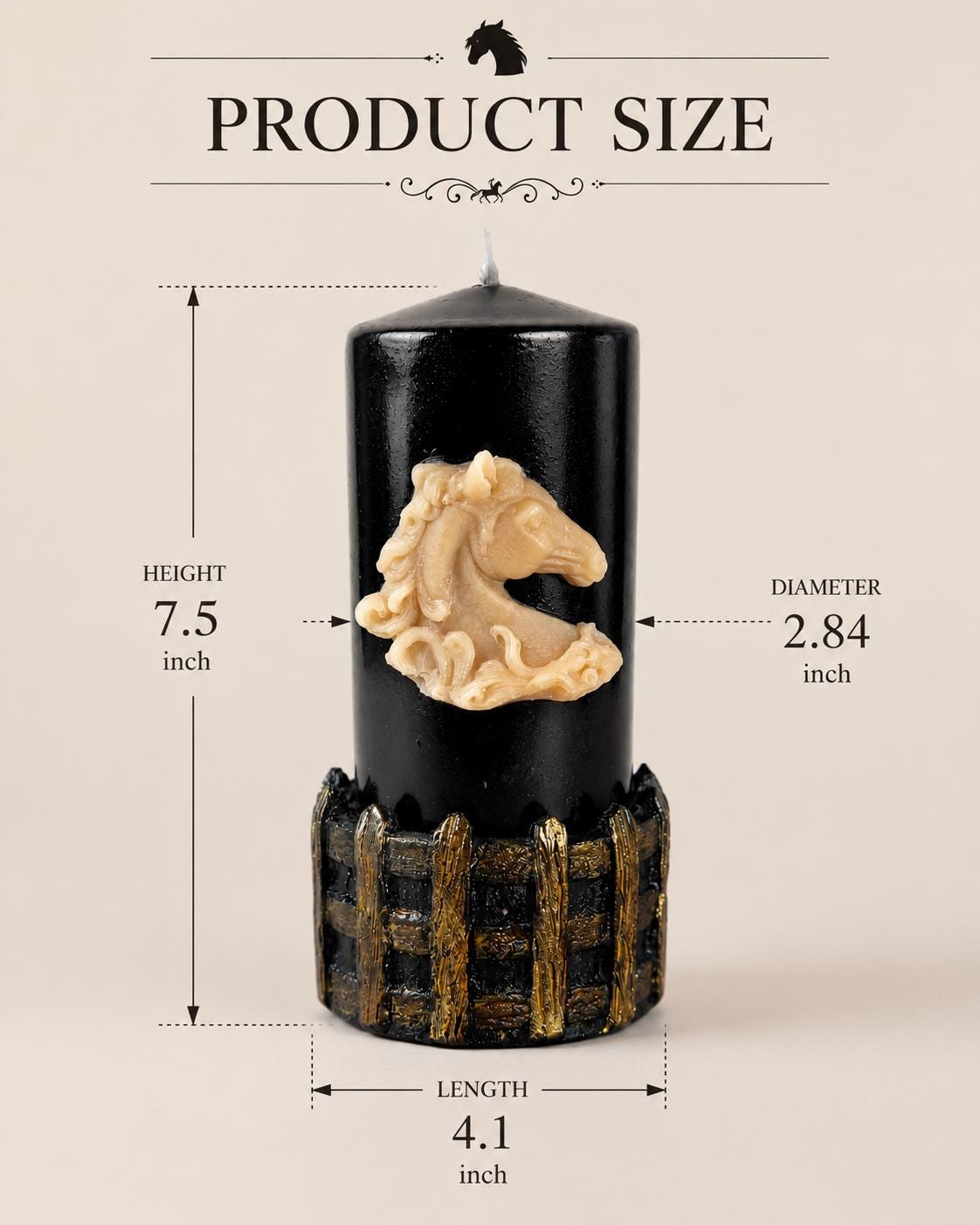 Luxury Horse Lover Gift candle size guide showing a black horse candle with sculpted horse relief, 7.5 inch height, 4.1 inch length, and 2.84 inch diameter for equestrian decor.