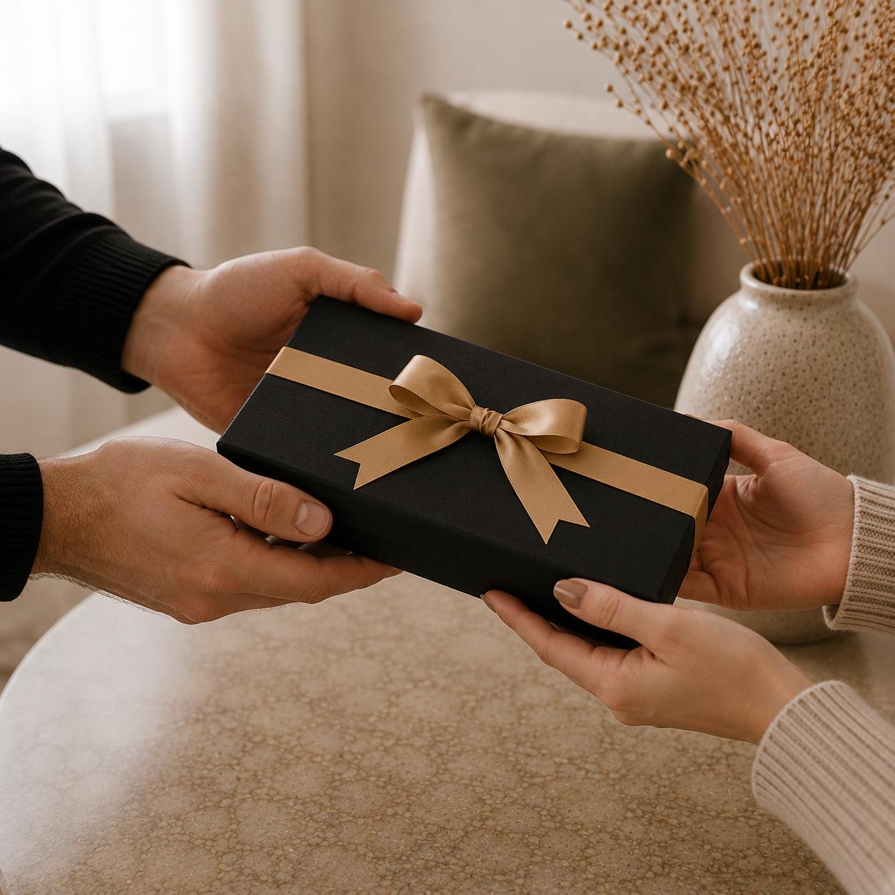 Luxury Horse Lover Gift black gift box with gold ribbon being handed to a recipient, showing elegant equestrian gift packaging for horse lovers, riders, horse moms, and western decor fans.