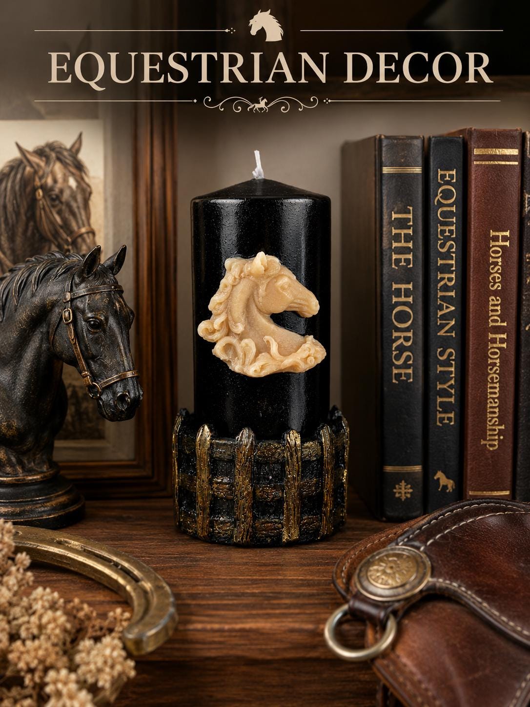 Luxury Horse Lover Gift candle displayed in a refined equestrian interior with a black pillar candle, sculpted horse detail, rustic books, ranch decor, and western farmhouse styling.