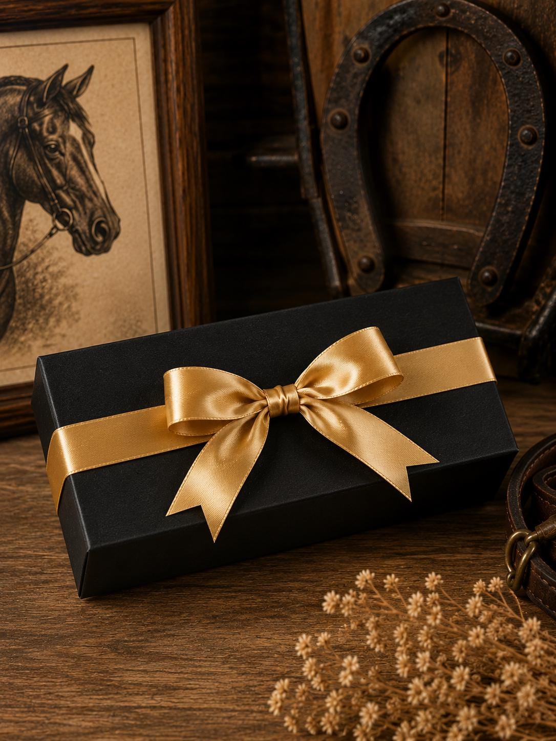 Luxury Horse Lover Gift packaging with a black rectangular gift box, gold satin ribbon, and premium presentation for equestrian gifts, horse mom gifts, horse owner gifts, and western decor lovers.