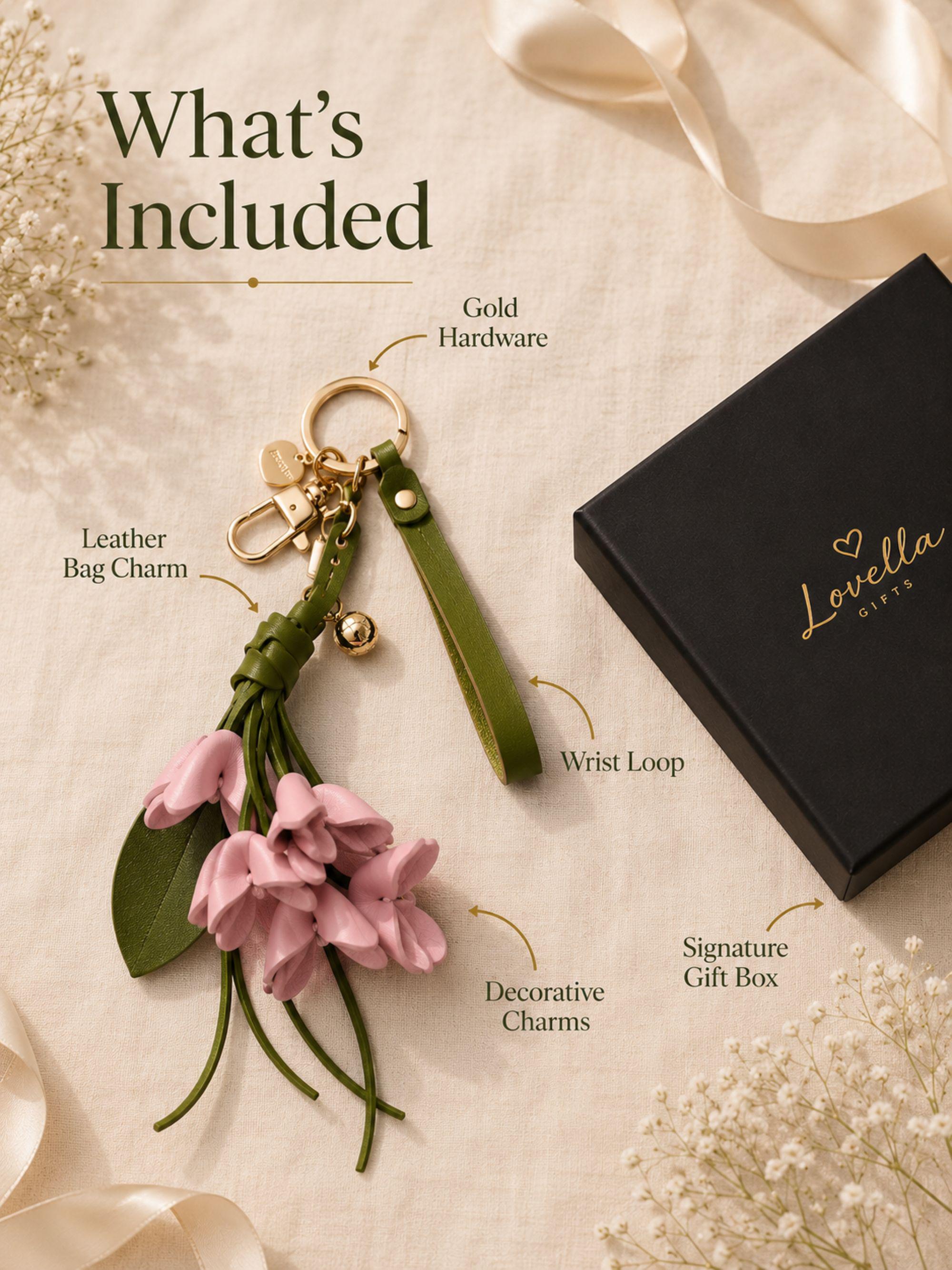 Luxury floral leather bag charm featuring blush pink leather flowers, olive green leather leaves, decorative tassels, wrist strap, gold hardware, and botanical handbag accessory. Handmade leather purse charm for luxury handbags, tote bags, shoulder bags, crossbody bags, woven beach bags, and designer inspired purses. Arrives beautifully packaged in a ready to gift signature gift box, making a thoughtful birthday gift, Mother's Day gift, bridesmaid gift, Christmas gift, or gift for her.