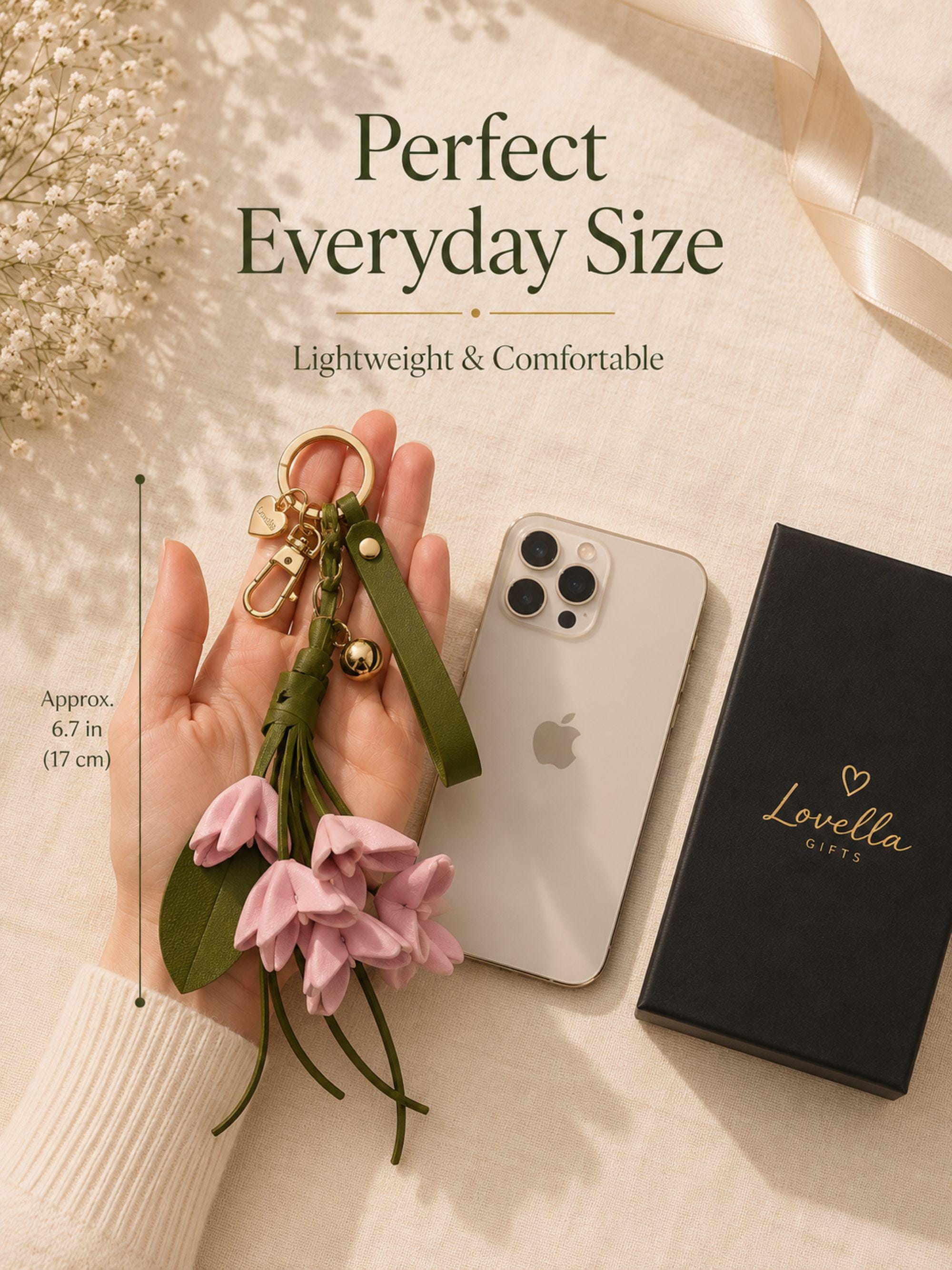 Luxury floral leather bag charm featuring blush pink leather flowers, olive green leather leaves, decorative tassels, wrist strap, gold hardware, and botanical handbag accessory. Handmade leather purse charm for luxury handbags, tote bags, shoulder bags, crossbody bags, woven beach bags, and designer inspired purses. Arrives beautifully packaged in a ready to gift signature gift box, making a thoughtful birthday gift, Mother's Day gift, bridesmaid gift, Christmas gift, or gift for her.