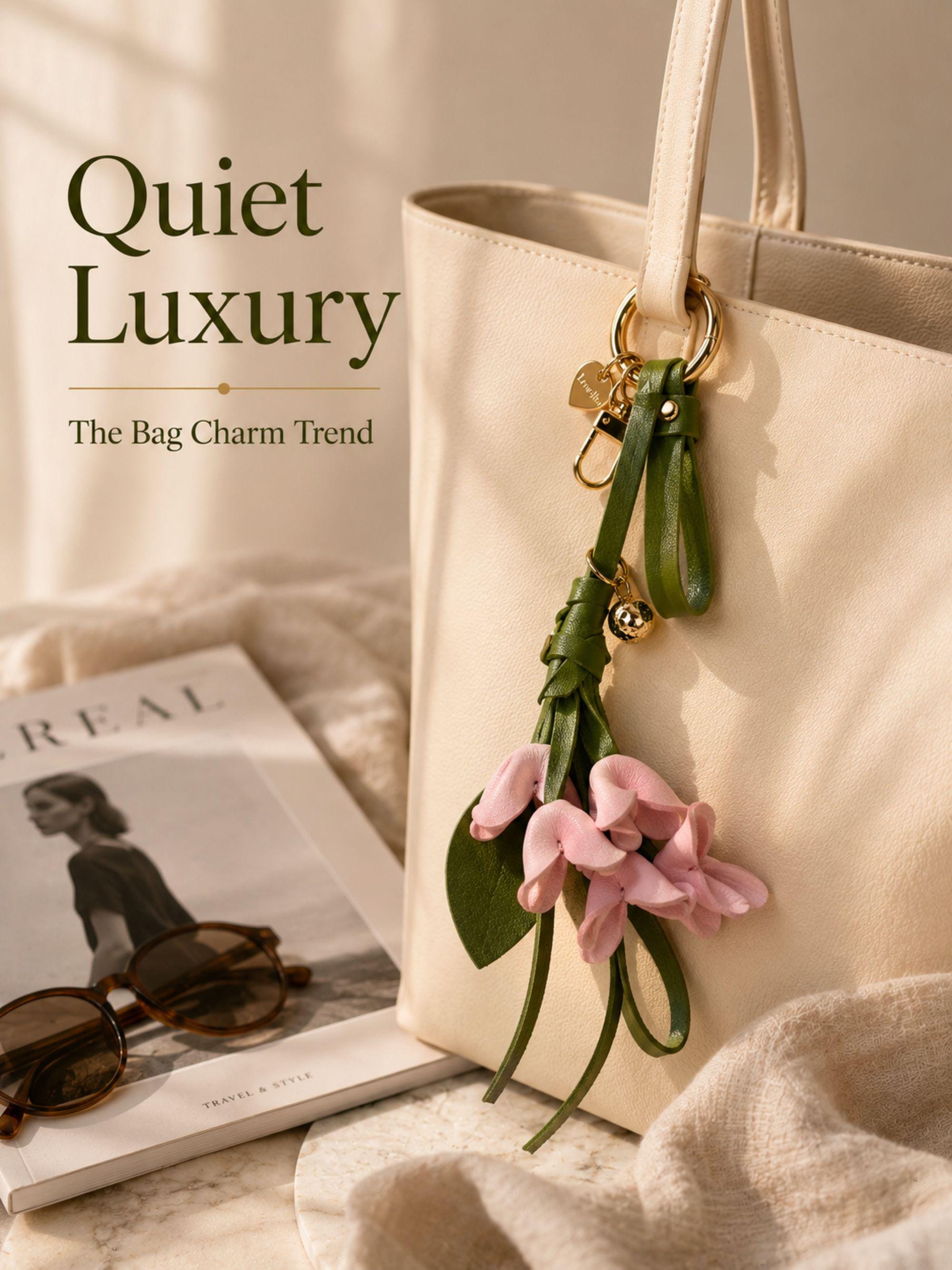 Luxury floral leather bag charm featuring blush pink leather flowers, olive green leather leaves, decorative tassels, wrist strap, gold hardware, and botanical handbag accessory. Handmade leather purse charm for luxury handbags, tote bags, shoulder bags, crossbody bags, woven beach bags, and designer inspired purses. Arrives beautifully packaged in a ready to gift signature gift box, making a thoughtful birthday gift, Mother's Day gift, bridesmaid gift, Christmas gift, or gift for her.