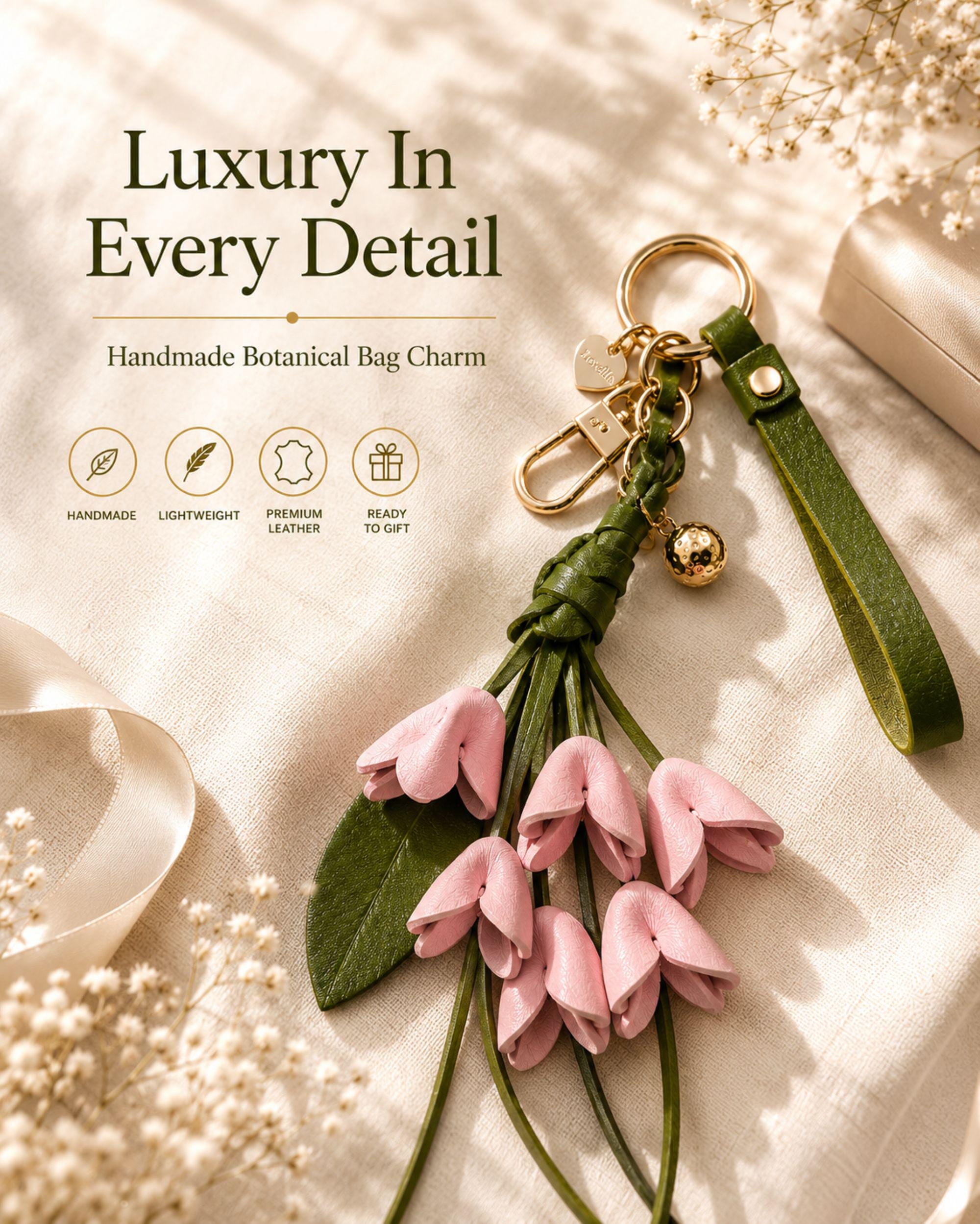 Luxury Botanical Bag Charm with blush leather flowers, olive tassel, gold hardware and gift-ready handbag accessory styling on soft beige fabric.