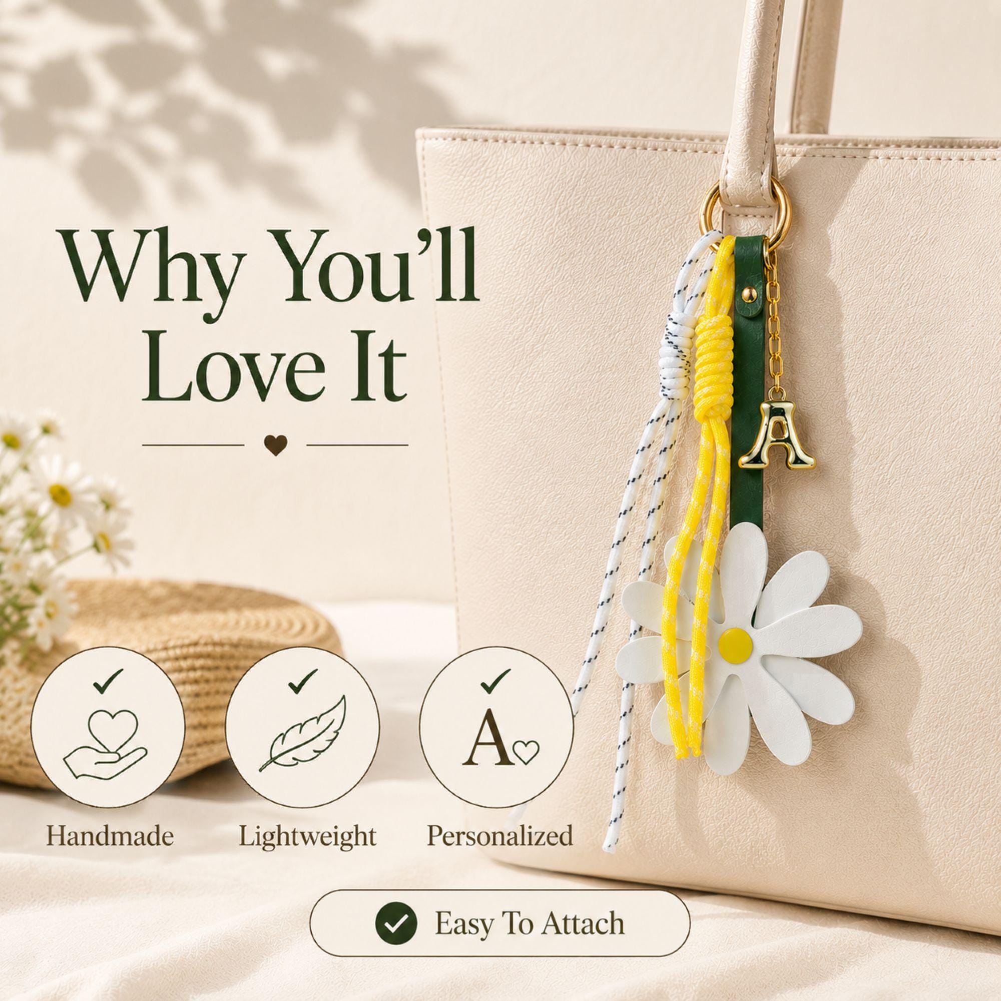 Handmade daisy bag charm with white flower charm, yellow center, personalized initial charm and decorative cord accents attached to a handbag. Flower purse charm designed for tote bags, shoulder bags, beach bags, straw bags, designer handbags and everyday purses. Trendy bag charm accessory inspired by the viral bag charm trend. Personalized handbag charm for women, teen girls, best friends and daughters. Summer bag accessory, preppy purse charm, coastal style handbag decoration and cute gift.
