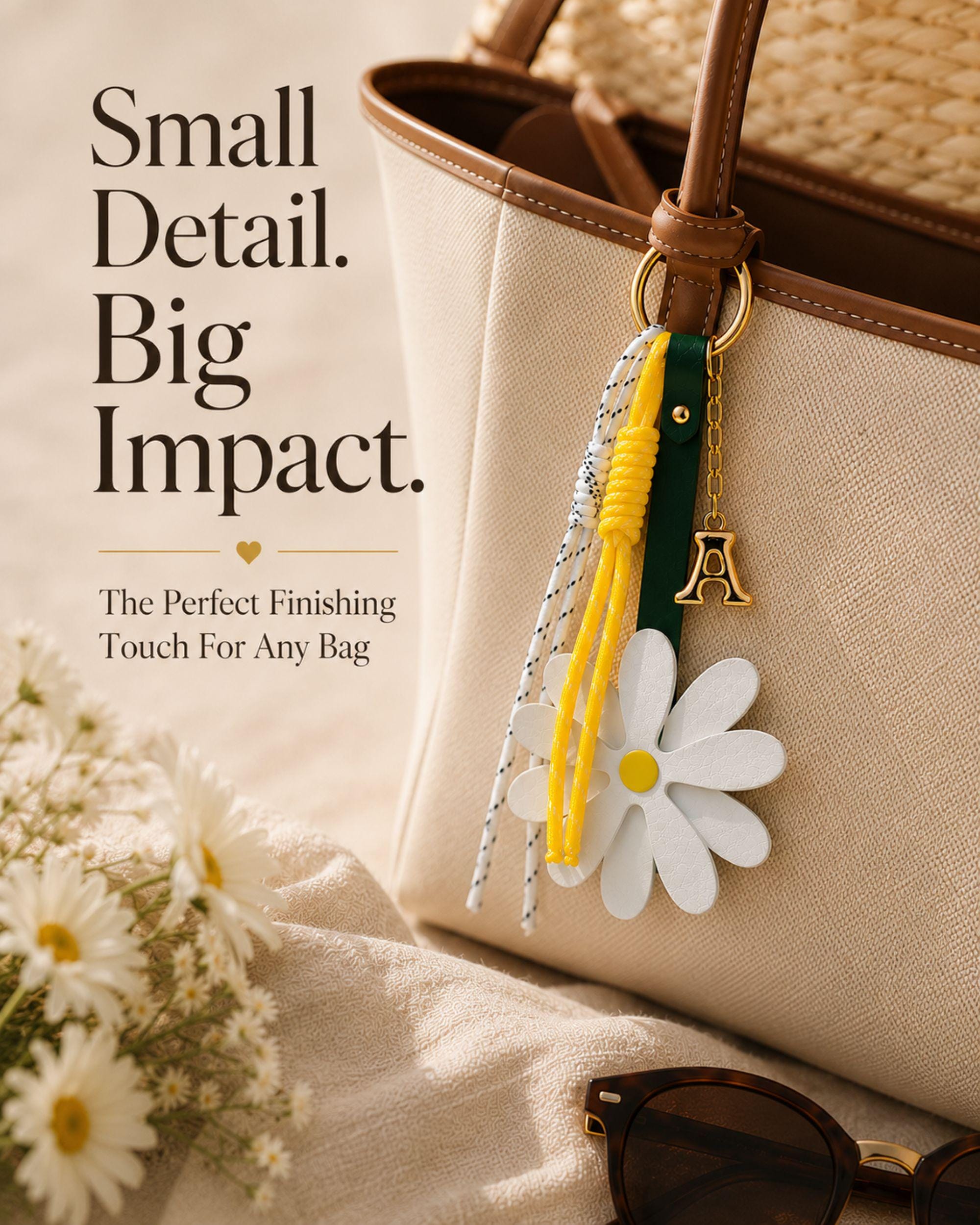 Handmade daisy bag charm with white flower charm, yellow center, personalized initial charm and decorative cord accents attached to a handbag. Flower purse charm designed for tote bags, shoulder bags, beach bags, straw bags, designer handbags and everyday purses. Trendy bag charm accessory inspired by the viral bag charm trend. Personalized handbag charm for women, teen girls, best friends and daughters. Summer bag accessory, preppy purse charm, coastal style handbag decoration and cute gift.