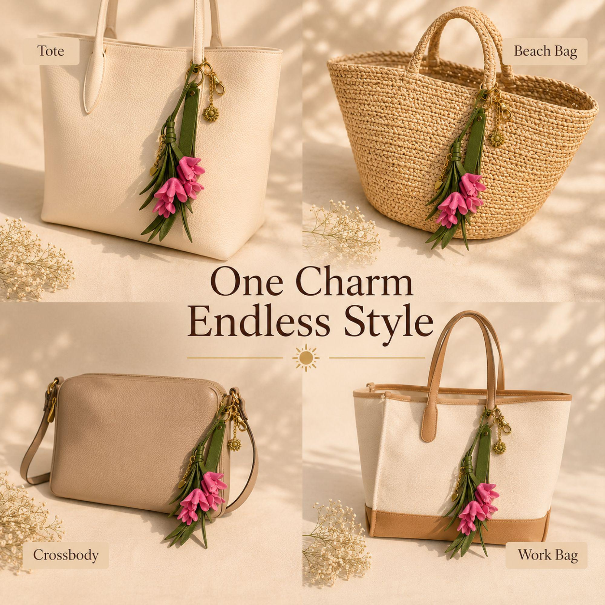 Handmade botanical bag charm featuring pink leather flowers, olive green leather tassel and gold sun charm. Nature inspired purse charm designed as luxury handbag jewelry for tote bags, shoulder bags, crossbody bags, beach bags and backpacks. Cottagecore bag accessory with premium gold hardware, feminine handbag decoration, leather tassel keychain, boho purse charm, handmade gift for women, birthday gift, Mother's Day gift, bridesmaid gift, everyday handbag accessory.