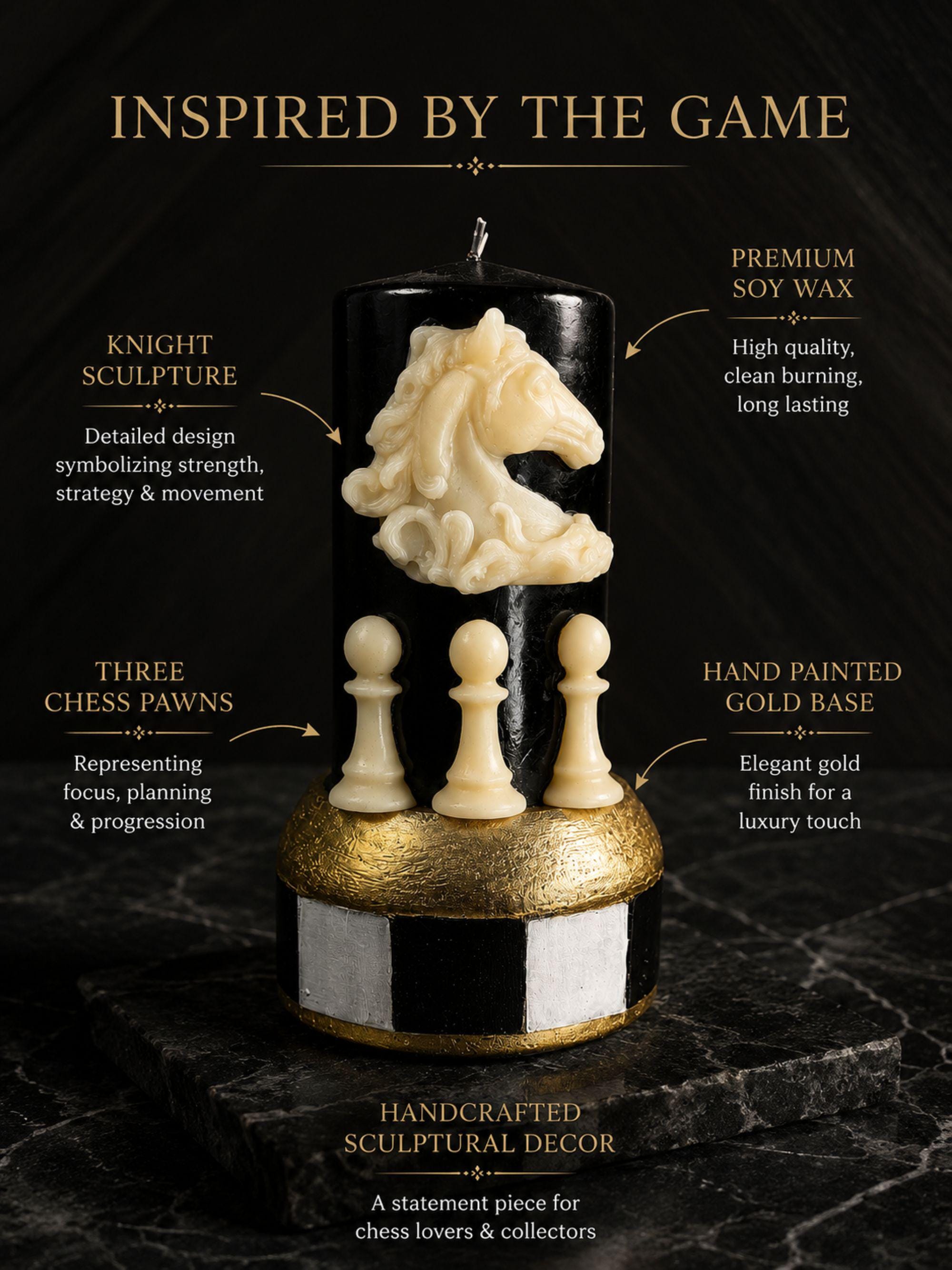 Knight candle sculpture handmade soy wax candle with sculpted horse chess piece, luxury black and gold candle decor, dark academia home decor, chess horse candle, collector gift, office desk decor, unique sculptural candle, luxury shelf styling, modern home decoration, chess lover gift, handmade candle art, premium interior decor.