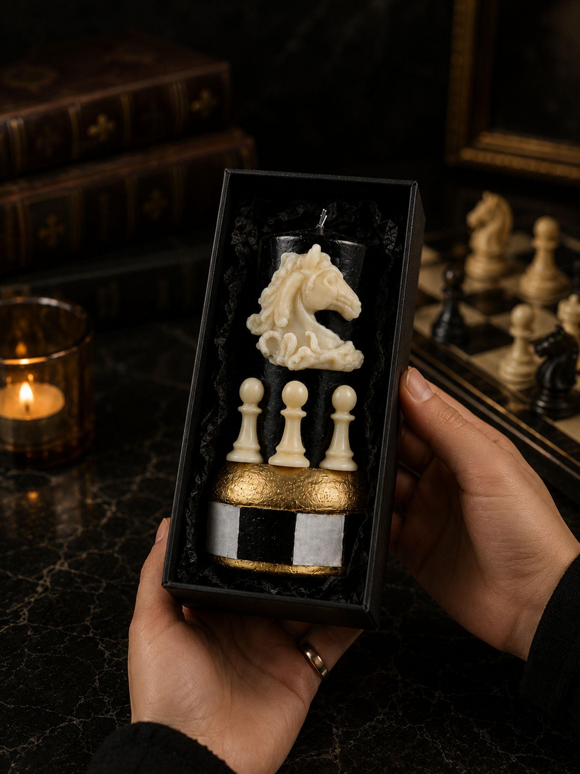 Knight candle sculpture handmade soy wax candle with sculpted horse chess piece, luxury black and gold candle decor, dark academia home decor, chess horse candle, collector gift, office desk decor, unique sculptural candle, luxury shelf styling, modern home decoration, chess lover gift, handmade candle art, premium interior decor.