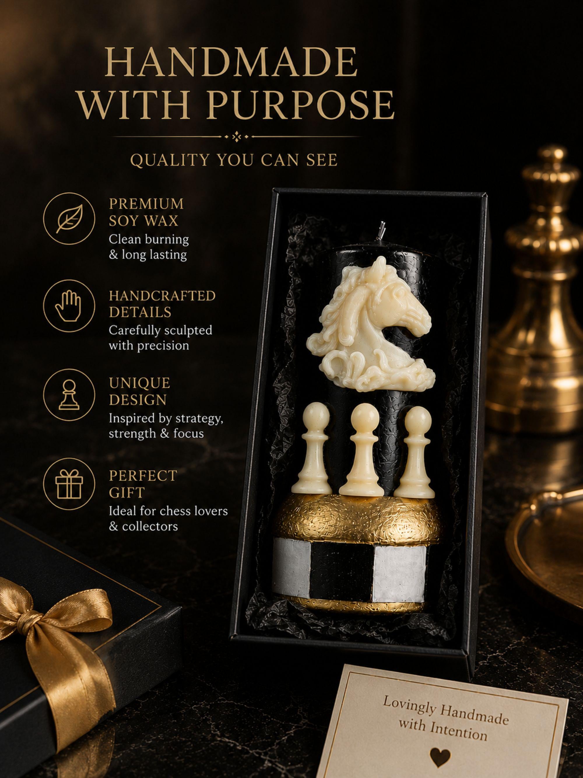 Knight candle sculpture handmade soy wax candle with sculpted horse chess piece, luxury black and gold candle decor, dark academia home decor, chess horse candle, collector gift, office desk decor, unique sculptural candle, luxury shelf styling, modern home decoration, chess lover gift, handmade candle art, premium interior decor.