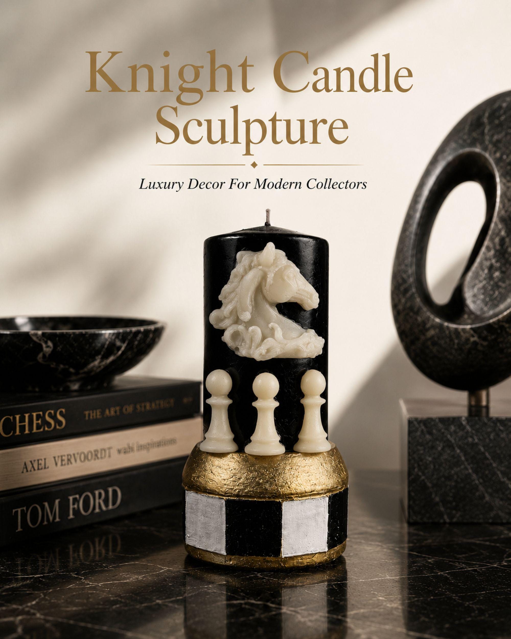 Knight candle sculpture handmade soy wax candle with sculpted horse chess piece, luxury black and gold candle decor, dark academia home decor, chess horse candle, collector gift, office desk decor, unique sculptural candle, luxury shelf styling, modern home decoration, chess lover gift, handmade candle art, premium interior decor.