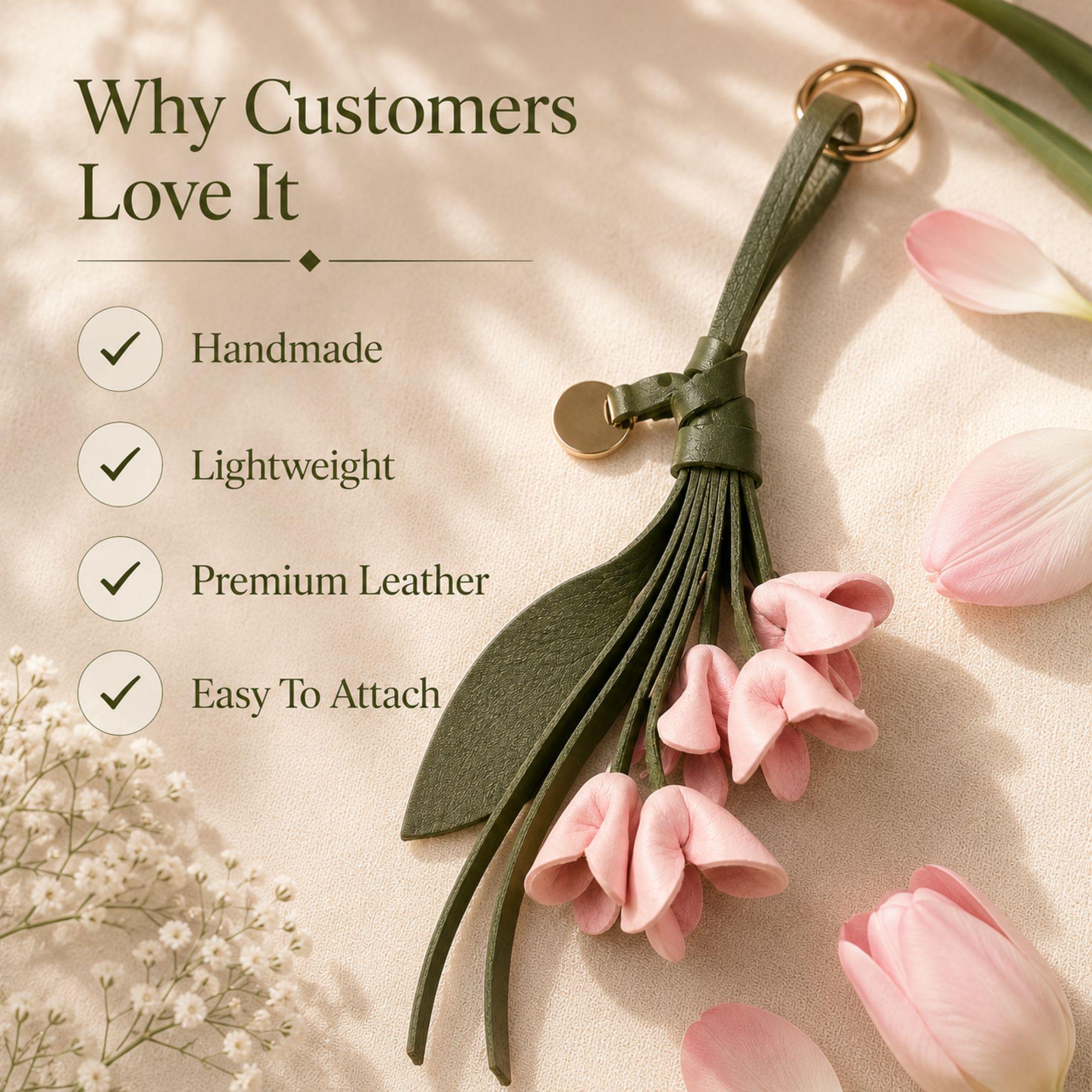 Handmade leather tulip bag charm featuring five soft blush pink leather tulip flowers, an olive green leather leaf, handmade leather tassel, and gold hardware. Floral purse charm designed for tote bags, handbags, shoulder bags, backpacks, straw bags, beach bags, and everyday purses. Lightweight botanical leather keychain inspired by spring flowers. A thoughtful handmade gift for women, moms, sisters, daughters, bridesmaids, birthdays, Mother's Day, and spring fashion lovers.