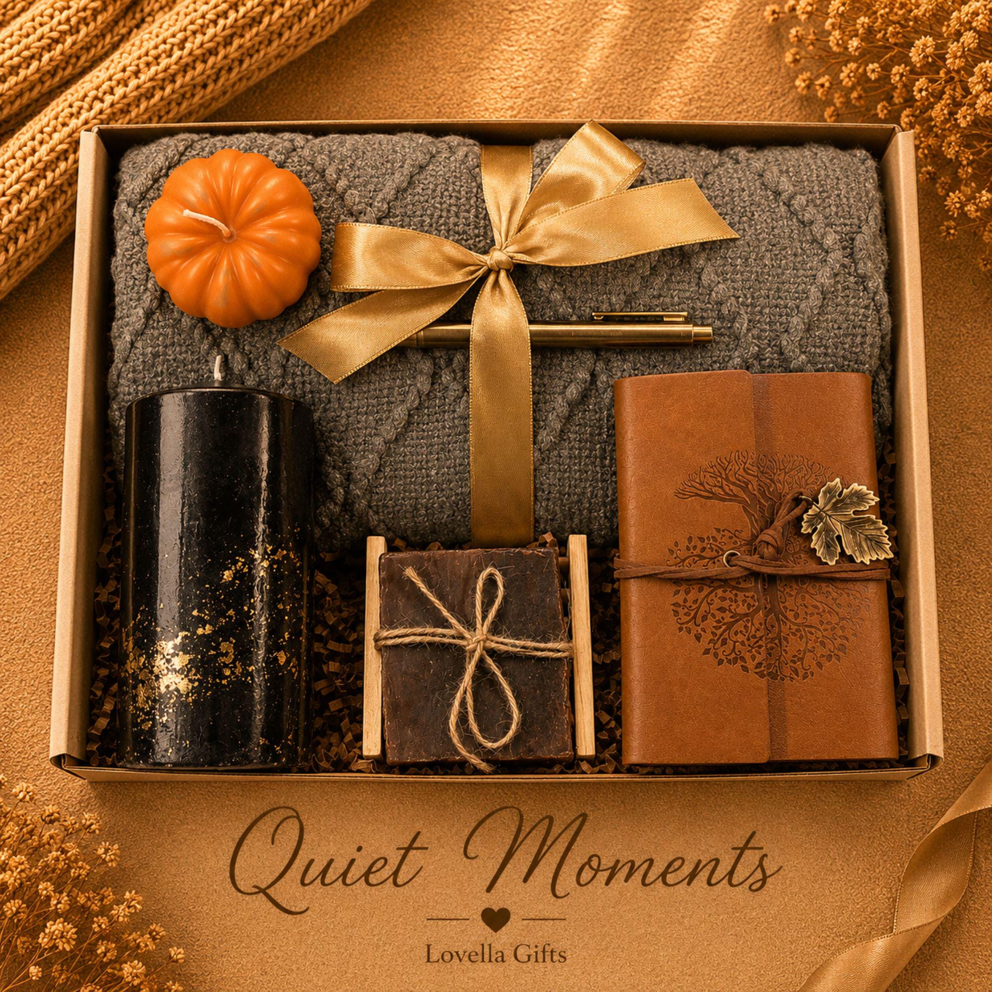Thanksgiving gift box for women featuring a cozy knit blanket, handmade pumpkin soy candle, ceramic mug, artisan soap, decorative glass match bottle, plush teddy bear and cozy autumn socks in boutique gift packaging. Thanksgiving hostess gift basket perfect for hostess appreciation, thank you gifts, fall care packages, cozy blanket gifts, autumn self care, holiday gatherings, and seasonal gifts for mom, grandma, sister, friend, teacher or coworker.