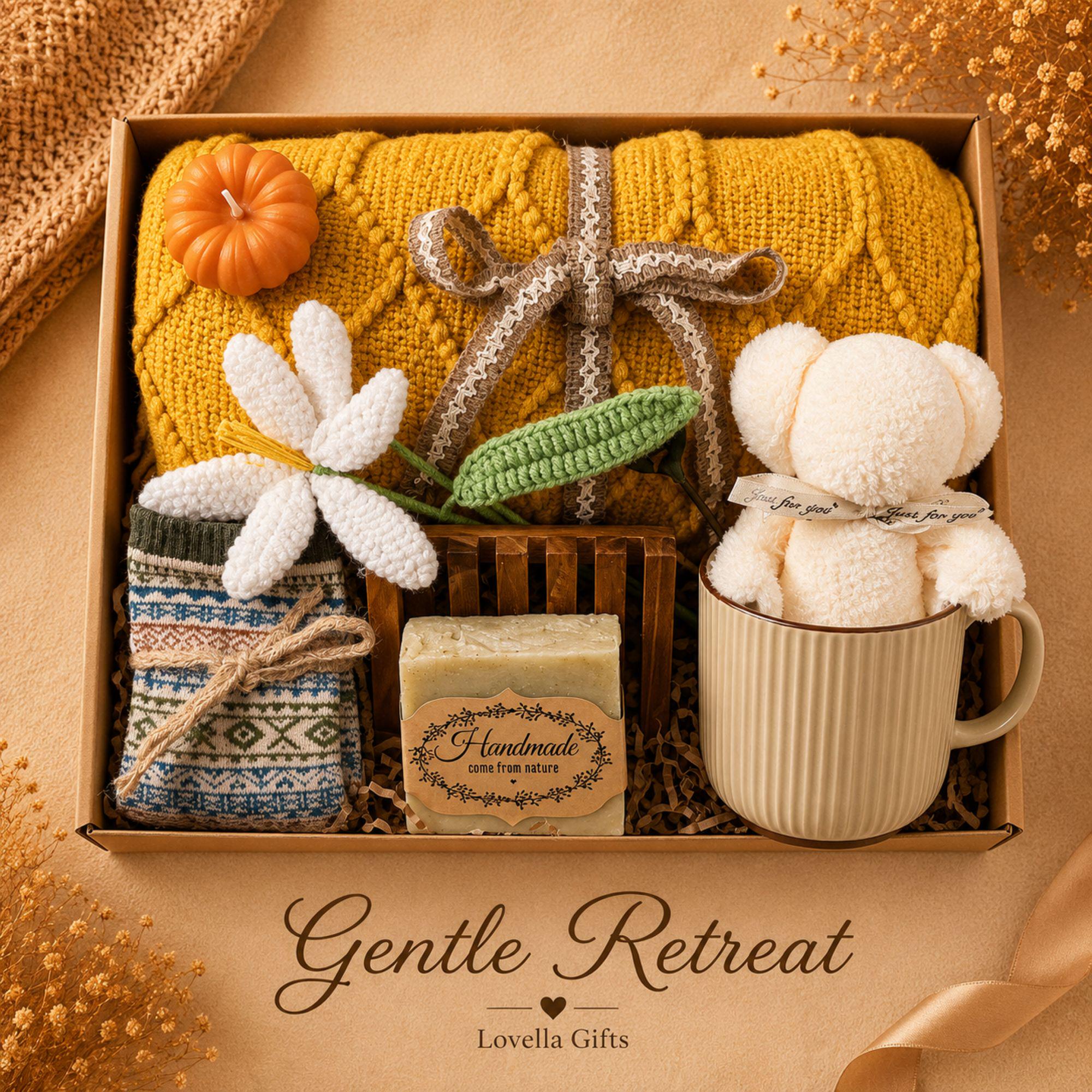 Thanksgiving gift box for women featuring a cozy knit blanket, handmade pumpkin soy candle, ceramic mug, artisan soap, decorative glass match bottle, plush teddy bear and cozy autumn socks in boutique gift packaging. Thanksgiving hostess gift basket perfect for hostess appreciation, thank you gifts, fall care packages, cozy blanket gifts, autumn self care, holiday gatherings, and seasonal gifts for mom, grandma, sister, friend, teacher or coworker.