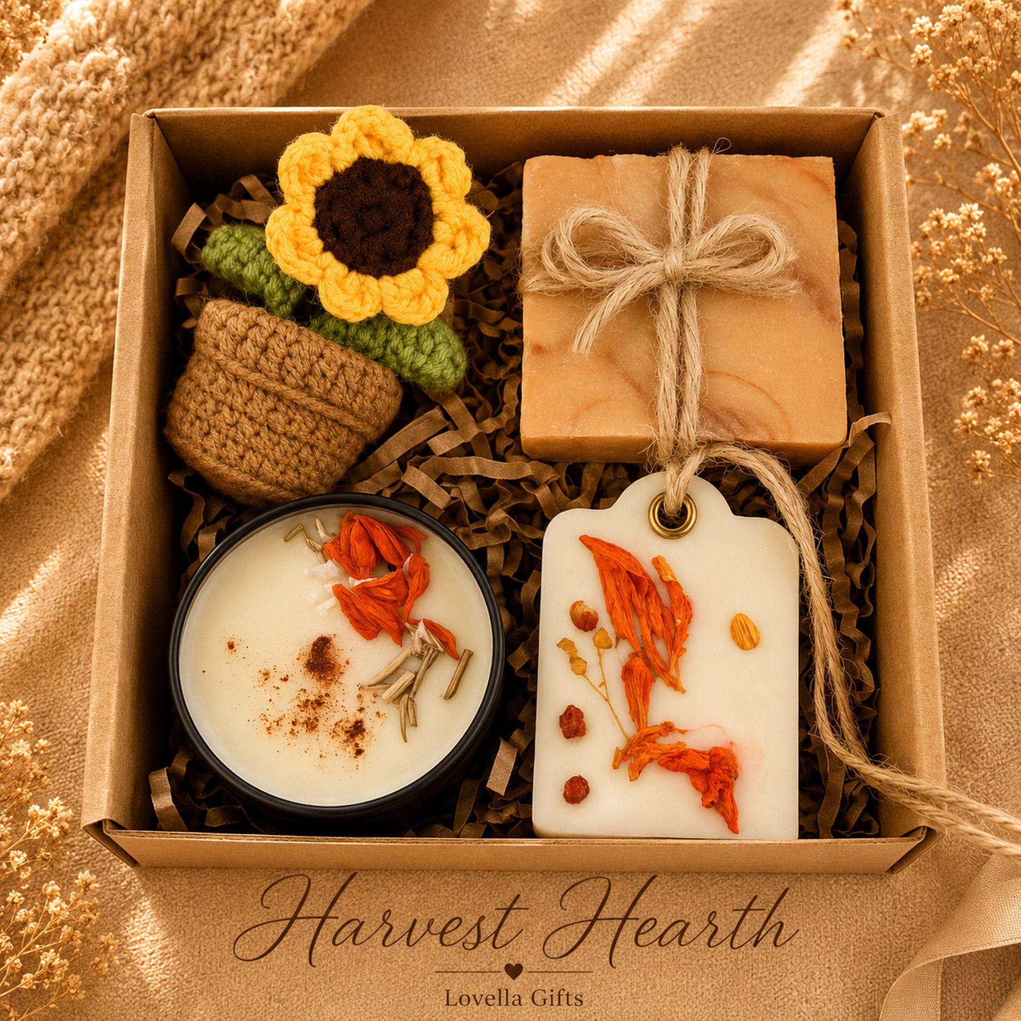 Employee thank you gift featuring handmade artisan soap, pumpkin soy candle, botanical wax sachet and crochet sunflower beautifully packaged in a luxury business gift box. Client appreciation gift box perfect for corporate thank you gifts, office gifts, staff appreciation gifts, employee recognition, coworker gifts, realtor closing gifts, team appreciation, business thank you gifts and professional client gifts. Handmade in Florida and ready to gift.