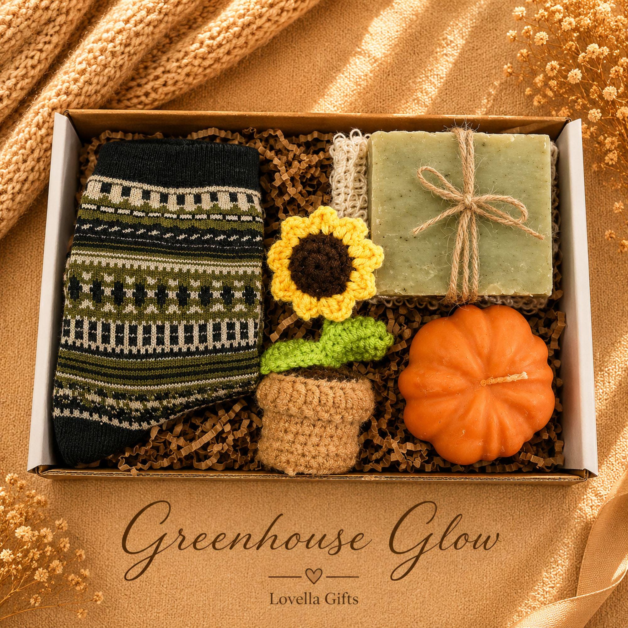 Employee thank you gift featuring handmade artisan soap, pumpkin soy candle, botanical wax sachet and crochet sunflower beautifully packaged in a luxury business gift box. Client appreciation gift box perfect for corporate thank you gifts, office gifts, staff appreciation gifts, employee recognition, coworker gifts, realtor closing gifts, team appreciation, business thank you gifts and professional client gifts. Handmade in Florida and ready to gift.