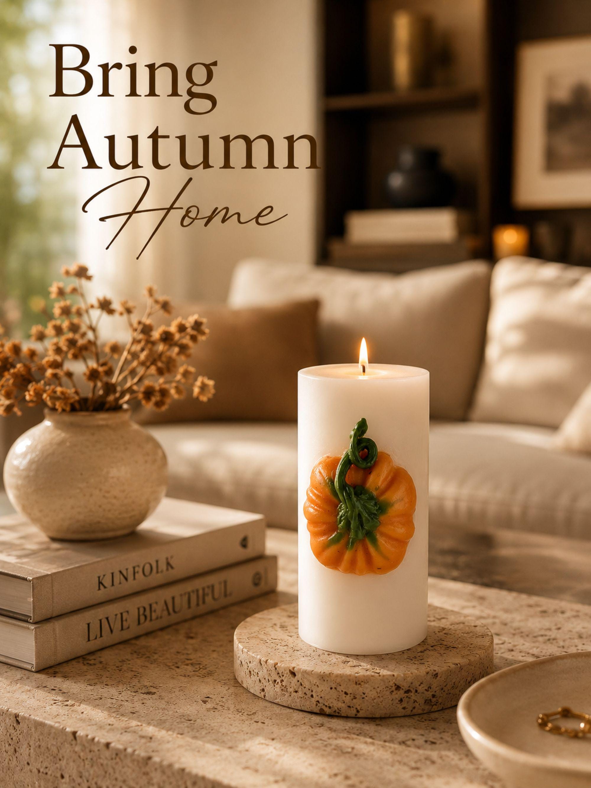 Pumpkin Candle fall soy wax pillar candle for autumn home decor, Thanksgiving table styling, harvest decor, and cozy seasonal gifts.