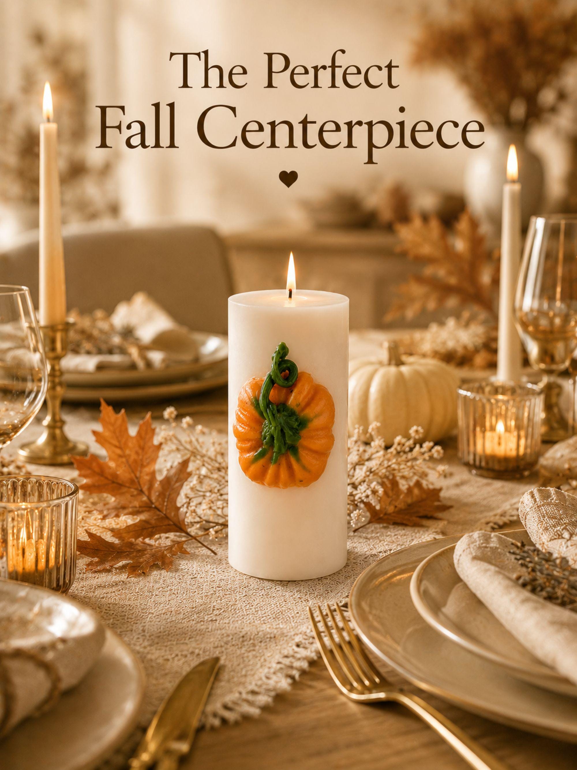 Pumpkin Candle fall soy wax pillar candle for autumn home decor, Thanksgiving table styling, harvest decor, and cozy seasonal gifts.