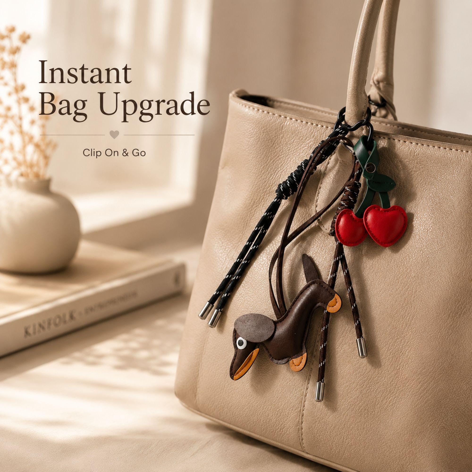 Brown dachshund bag charm with red cherry purse charm and heart keychain attached to a handbag. Cute wiener dog bag accessory designed for tote bags, purses, shoulder bags, backpacks and designer handbags. Kawaii purse charm inspired by Y2K fashion trends and bag charm styling. Lightweight dog lover gift featuring a dachshund pendant, cherry charm and heart detail. Fashion handbag accessory for women, teens, dog moms, dachshund owners and purse charm collectors.