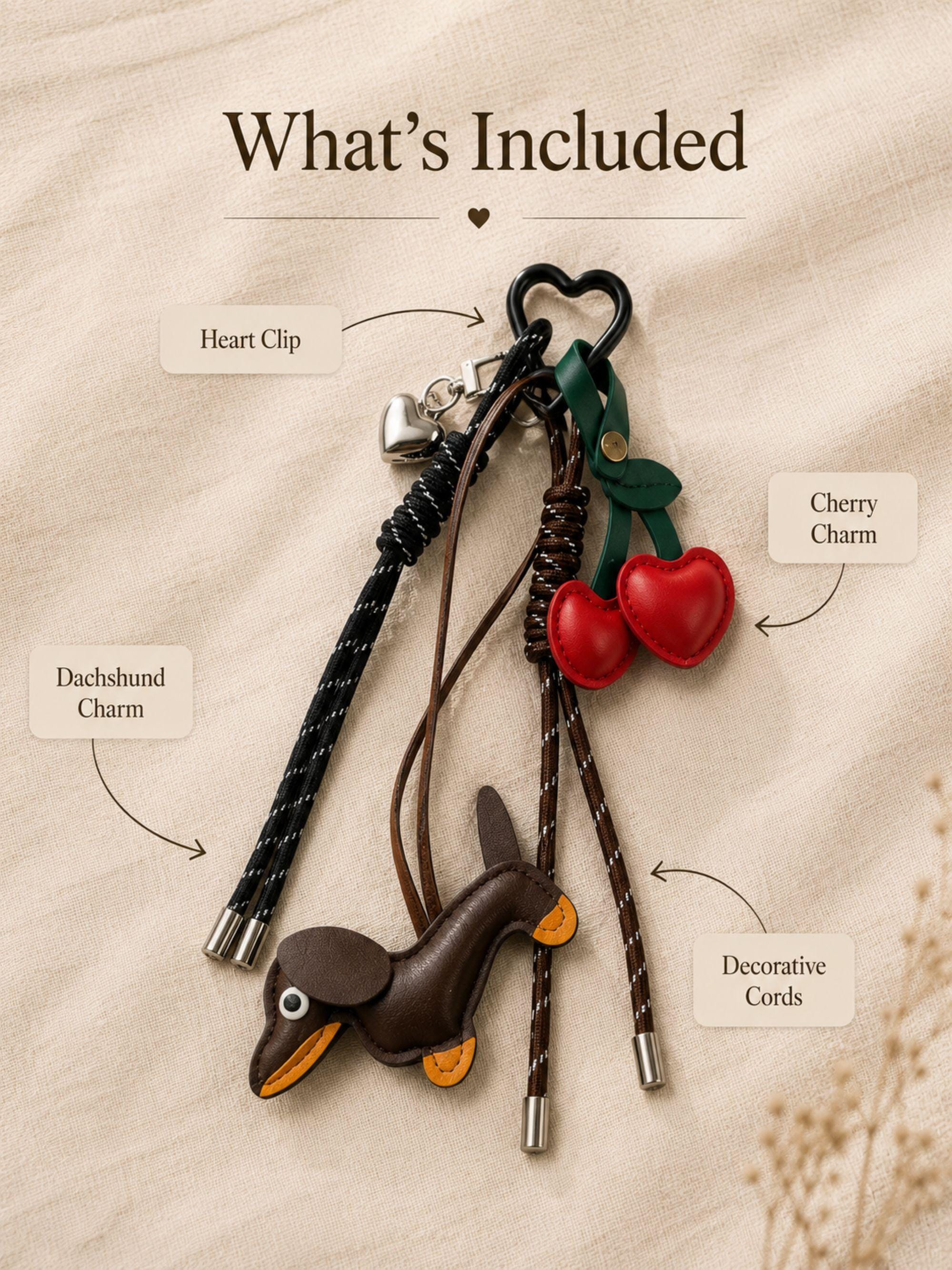 Brown dachshund bag charm with red cherry purse charm and heart keychain attached to a handbag. Cute wiener dog bag accessory designed for tote bags, purses, shoulder bags, backpacks and designer handbags. Kawaii purse charm inspired by Y2K fashion trends and bag charm styling. Lightweight dog lover gift featuring a dachshund pendant, cherry charm and heart detail. Fashion handbag accessory for women, teens, dog moms, dachshund owners and purse charm collectors.