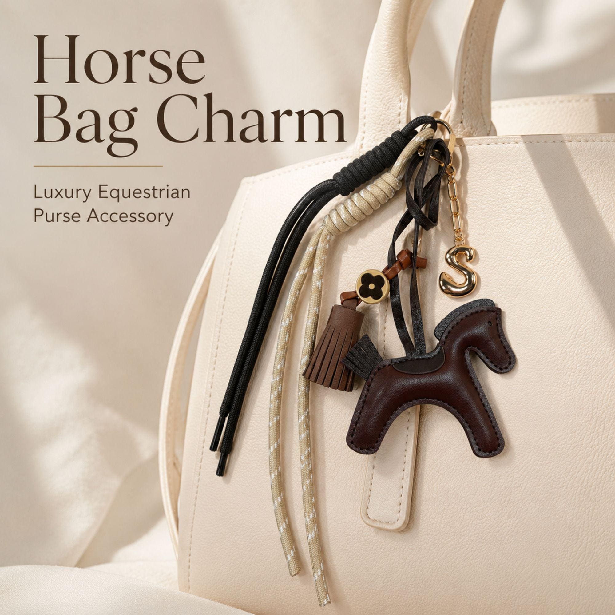 Handmade horse bag charm featuring a brown leather horse charm, tassel charm, decorative black and cream cords, and gold initial letter charm. Equestrian purse charm designed for handbags, tote bags, backpacks, travel bags, and everyday purses. Luxury horse keychain accessory for horse lovers, equestrian riders, western fashion enthusiasts, and women who love personalized handbag accessories. Stylish leather purse charm gift for her.