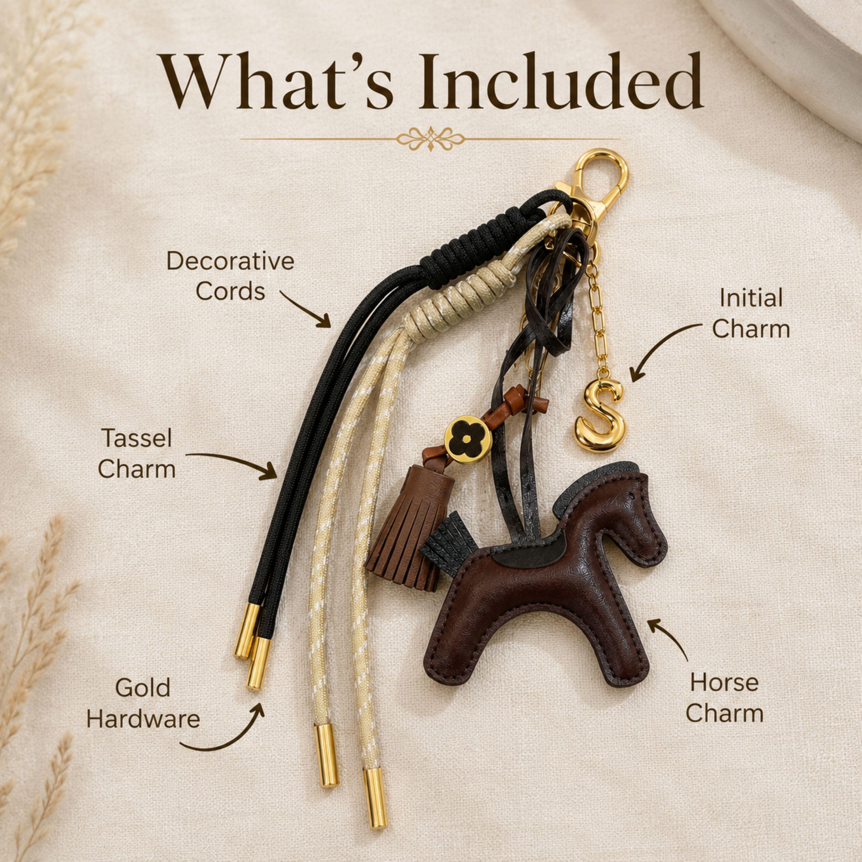 Handmade horse bag charm featuring a brown leather horse charm, tassel charm, decorative black and cream cords, and gold initial letter charm. Equestrian purse charm designed for handbags, tote bags, backpacks, travel bags, and everyday purses. Luxury horse keychain accessory for horse lovers, equestrian riders, western fashion enthusiasts, and women who love personalized handbag accessories. Stylish leather purse charm gift for her.