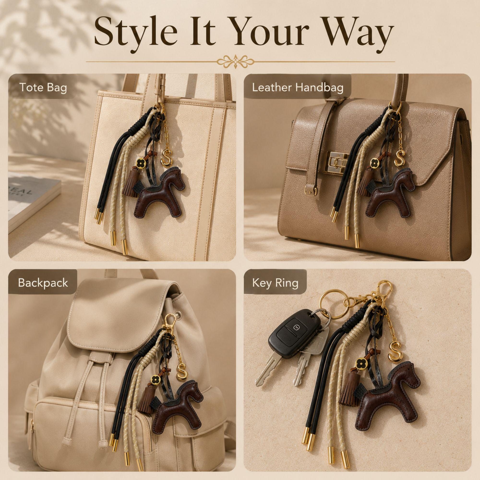 Handmade horse bag charm featuring a brown leather horse charm, tassel charm, decorative black and cream cords, and gold initial letter charm. Equestrian purse charm designed for handbags, tote bags, backpacks, travel bags, and everyday purses. Luxury horse keychain accessory for horse lovers, equestrian riders, western fashion enthusiasts, and women who love personalized handbag accessories. Stylish leather purse charm gift for her.