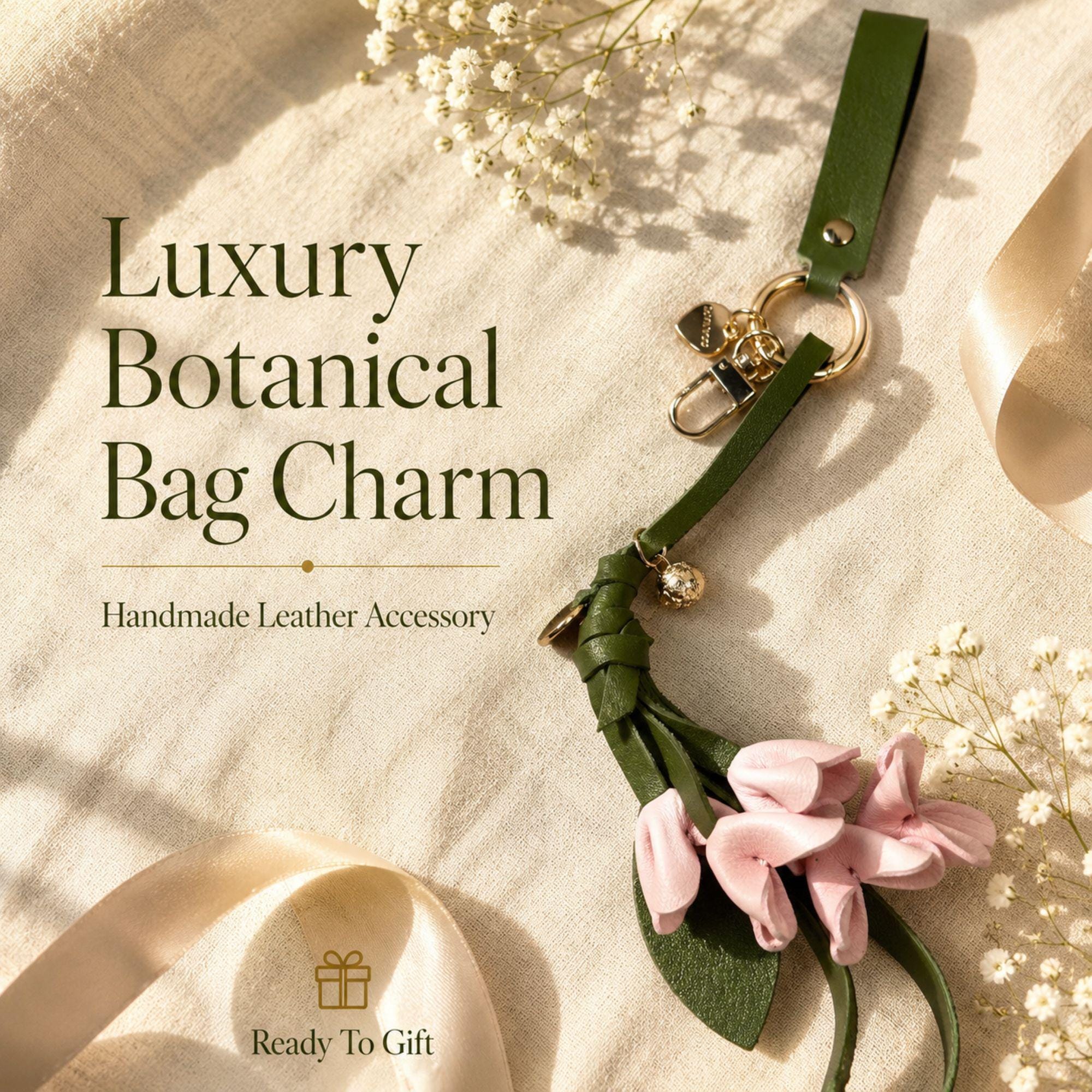 Luxury floral leather bag charm featuring blush pink leather flowers, olive green leather leaves, decorative tassels, wrist strap, gold hardware, and botanical handbag accessory. Handmade leather purse charm for luxury handbags, tote bags, shoulder bags, crossbody bags, woven beach bags, and designer inspired purses. Arrives beautifully packaged in a ready to gift signature gift box, making a thoughtful birthday gift, Mother's Day gift, bridesmaid gift, Christmas gift, or gift for her.