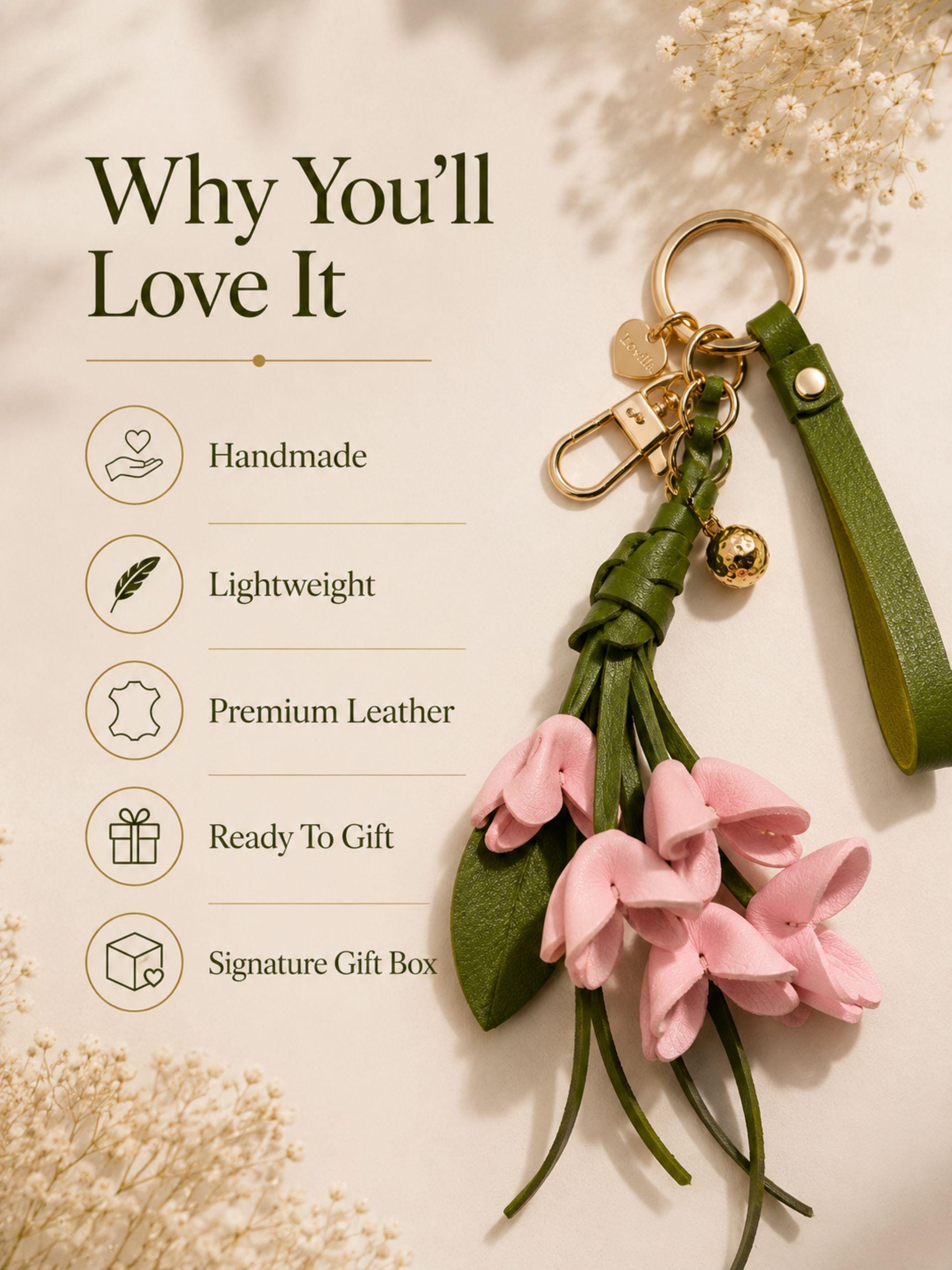 Luxury Botanical Bag Charm feature card showing handmade leather flowers, olive tassel, gold hardware and ready-to-gift purse charm details.