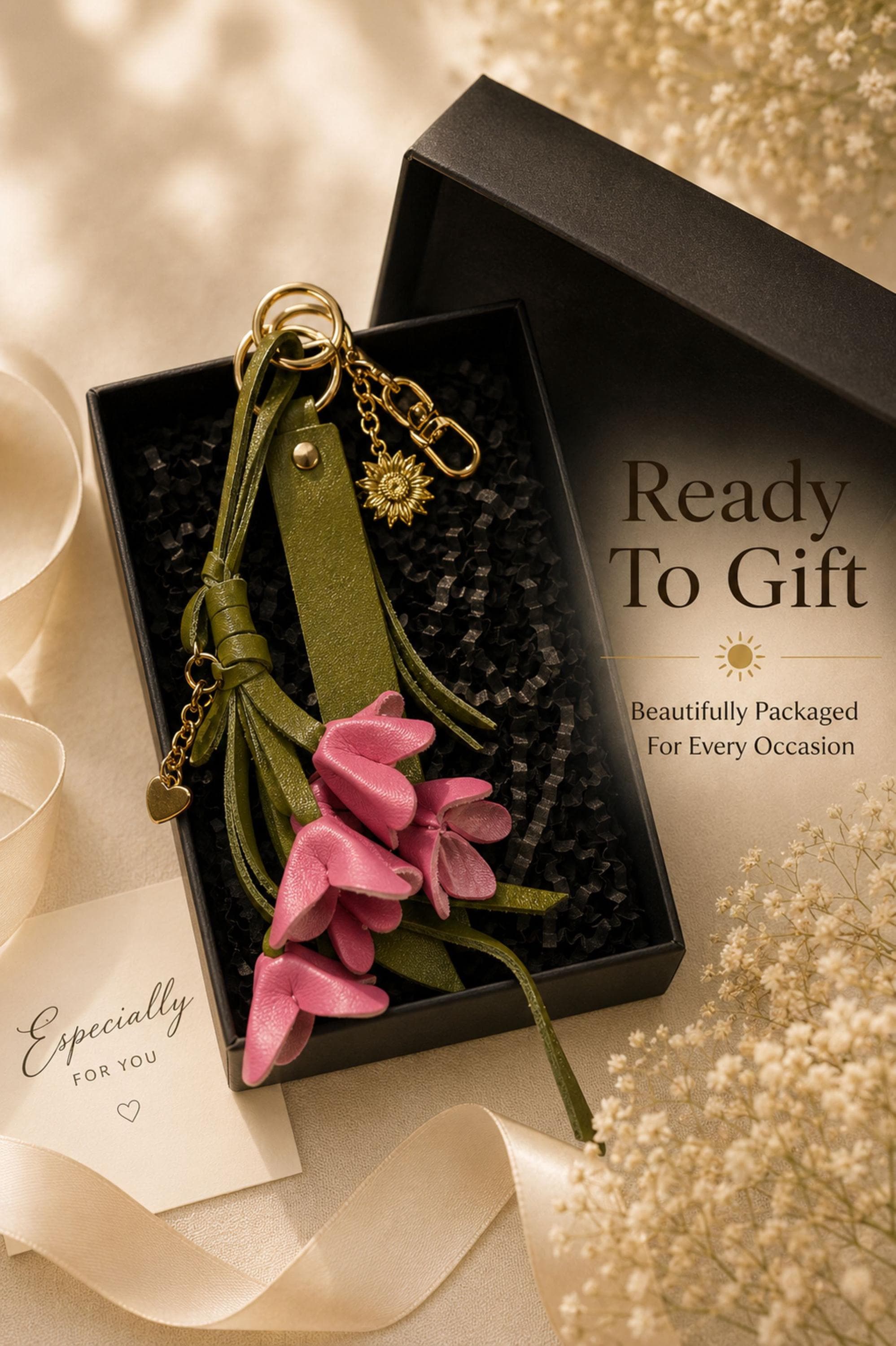 Handmade botanical bag charm featuring pink leather flowers, olive green leather tassel and gold sun charm. Nature inspired purse charm designed as luxury handbag jewelry for tote bags, shoulder bags, crossbody bags, beach bags and backpacks. Cottagecore bag accessory with premium gold hardware, feminine handbag decoration, leather tassel keychain, boho purse charm, handmade gift for women, birthday gift, Mother's Day gift, bridesmaid gift, everyday handbag accessory.