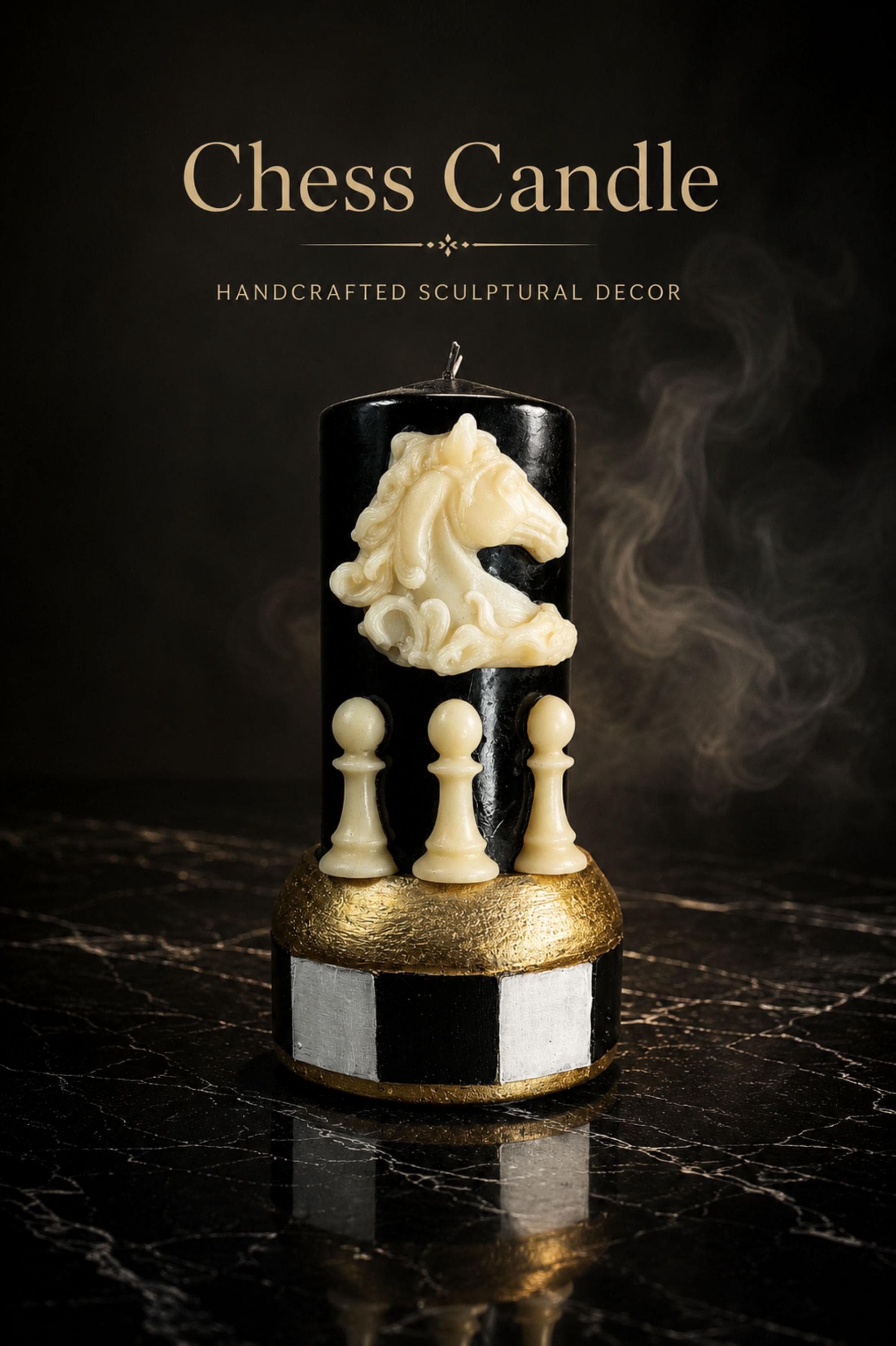 Handmade chess candle featuring a detailed white knight chess piece and three white pawns on a black sculptural pillar candle with a gold geometric chessboard-inspired base. Decorative soy wax candle for chess lovers, chess players, chess coaches, game room decor, office decor, library styling, dark academia interiors, gothic home decor, luxury desk accessories, collectible chess gift, unique handmade candle, Father's Day gift, birthday gift, modern home decoration.