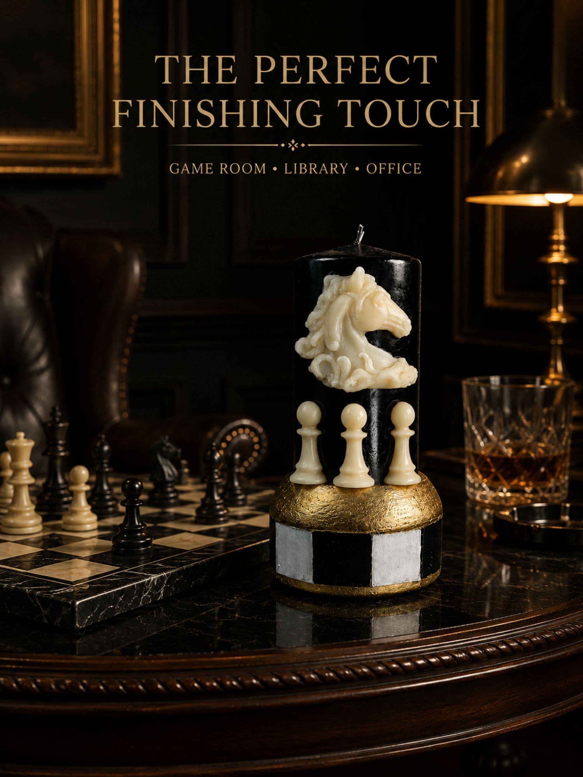 Handmade chess candle featuring a detailed white knight chess piece and three white pawns on a black sculptural pillar candle with a gold geometric chessboard-inspired base. Decorative soy wax candle for chess lovers, chess players, chess coaches, game room decor, office decor, library styling, dark academia interiors, gothic home decor, luxury desk accessories, collectible chess gift, unique handmade candle, Father's Day gift, birthday gift, modern home decoration.