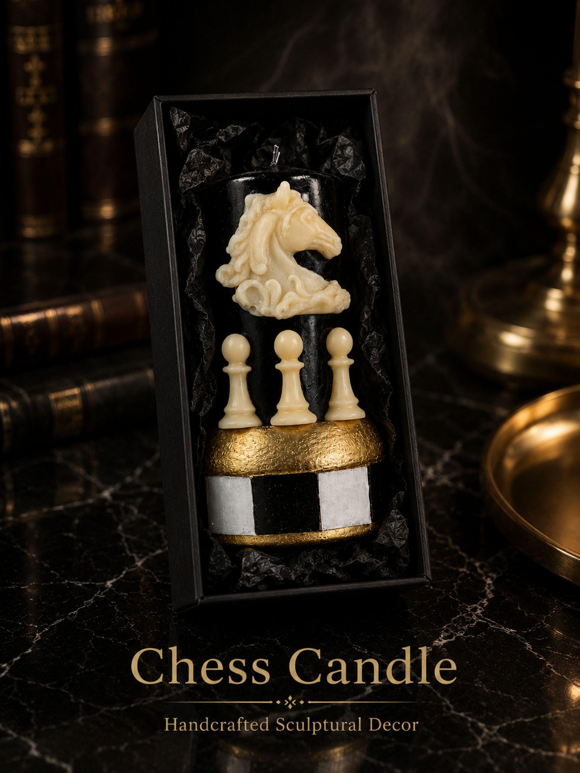 Handmade chess candle featuring a detailed white knight chess piece and three white pawns on a black sculptural pillar candle with a gold geometric chessboard-inspired base. Decorative soy wax candle for chess lovers, chess players, chess coaches, game room decor, office decor, library styling, dark academia interiors, gothic home decor, luxury desk accessories, collectible chess gift, unique handmade candle, Father's Day gift, birthday gift, modern home decoration.