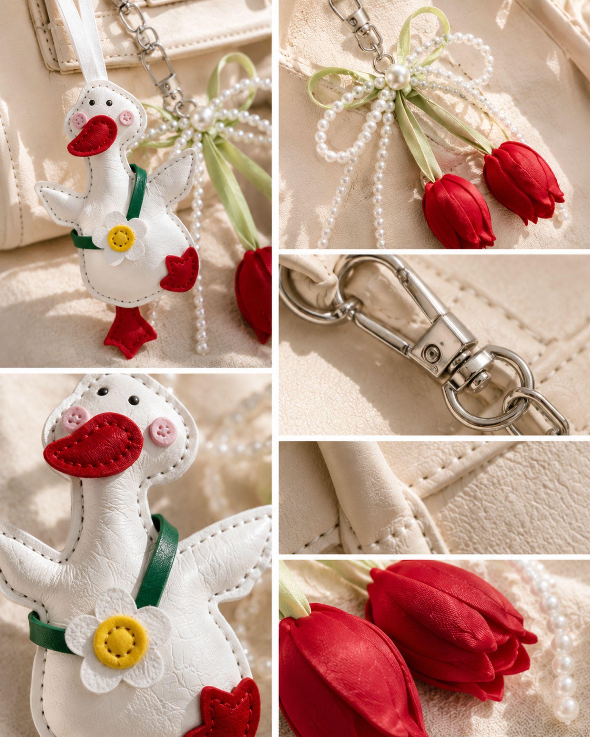 Duck Bag Charm goose purse charm with pearl bow, tulip details, optional initial charm, and cute coquette handbag accessory styling.