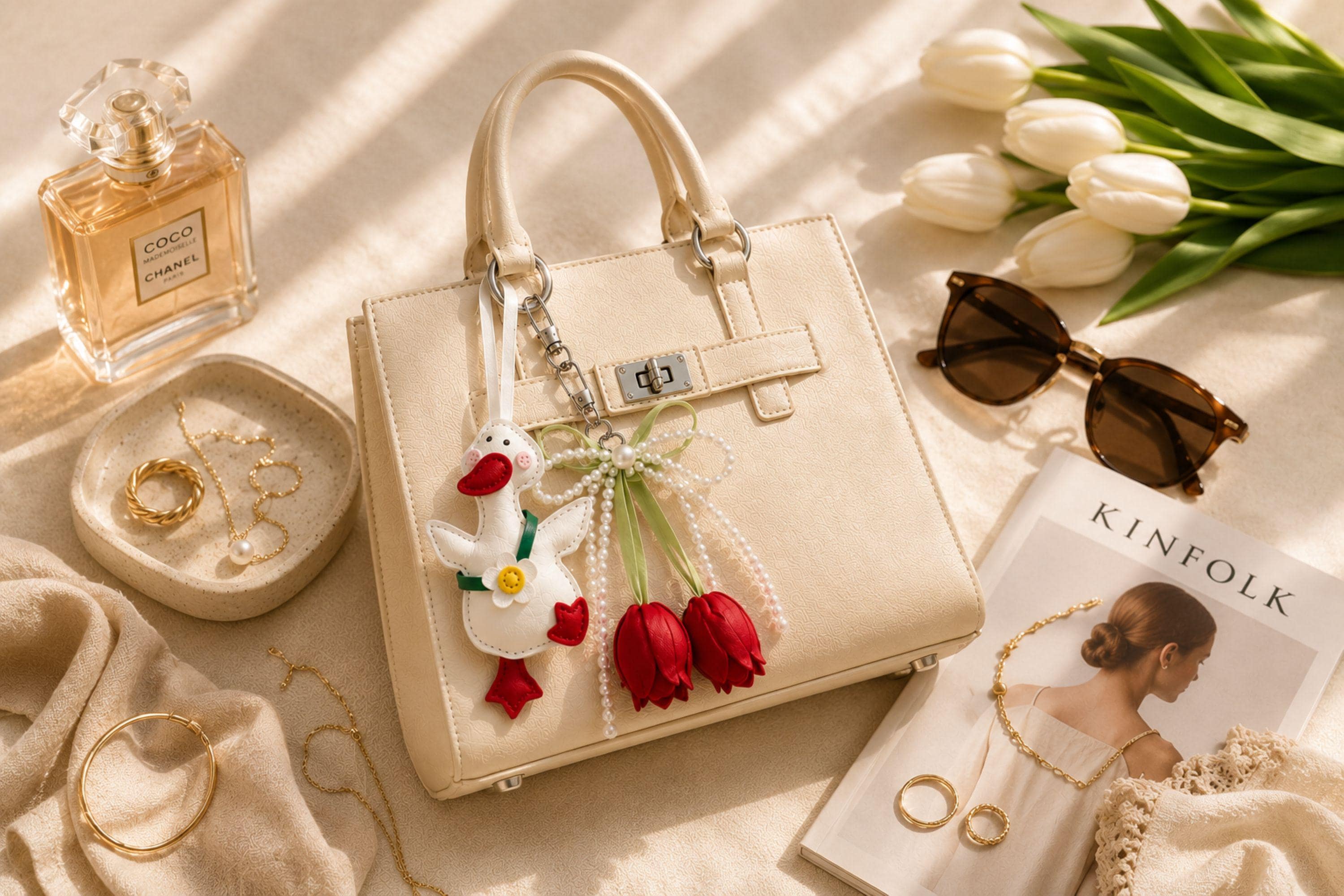 Duck Bag Charm goose purse charm with pearl bow, tulip details, optional initial charm, and cute coquette handbag accessory styling.