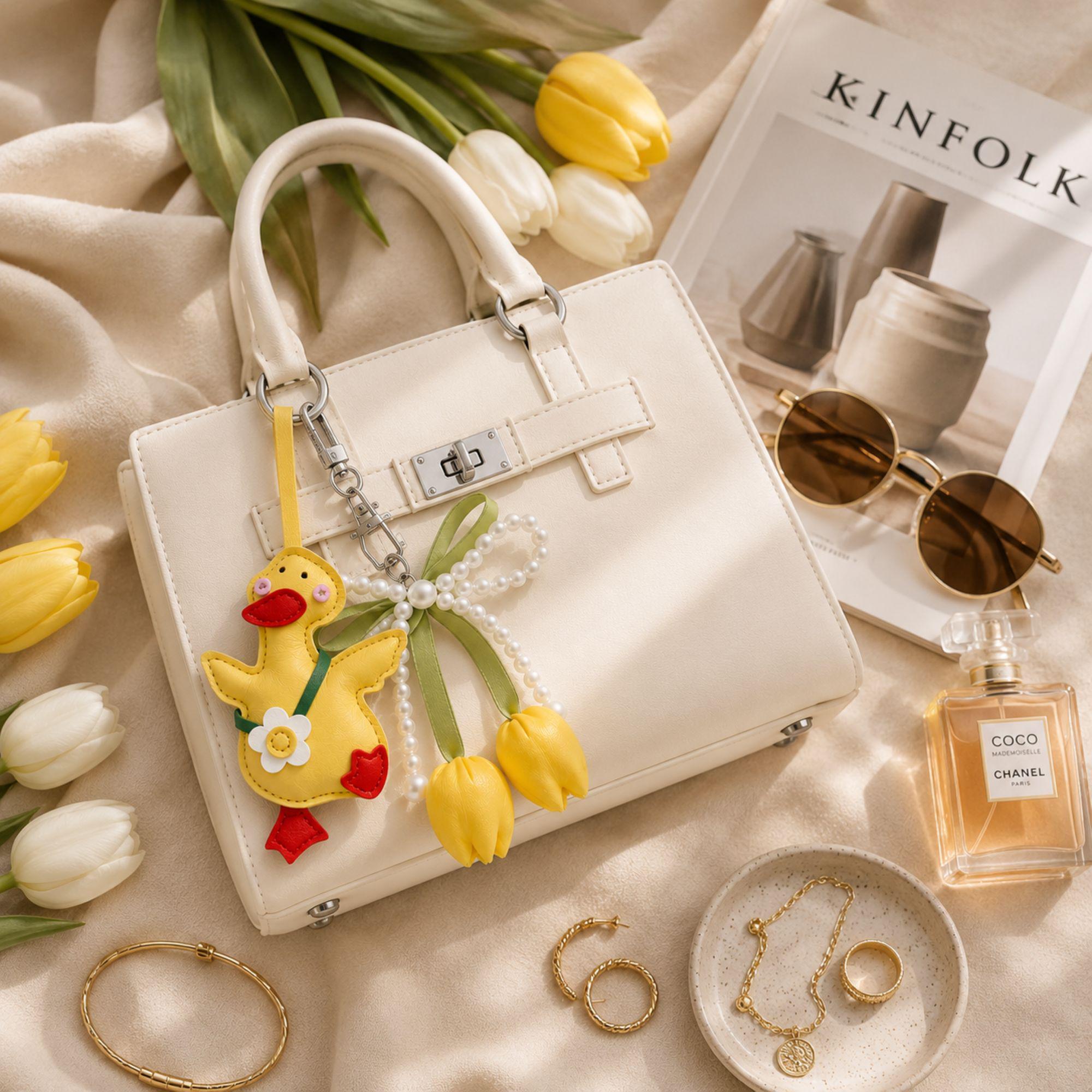 Yellow Duck Bag Charm personalized purse charm with tulip keychain, pearl bow, cute handbag accessory styling, and spring gift details.