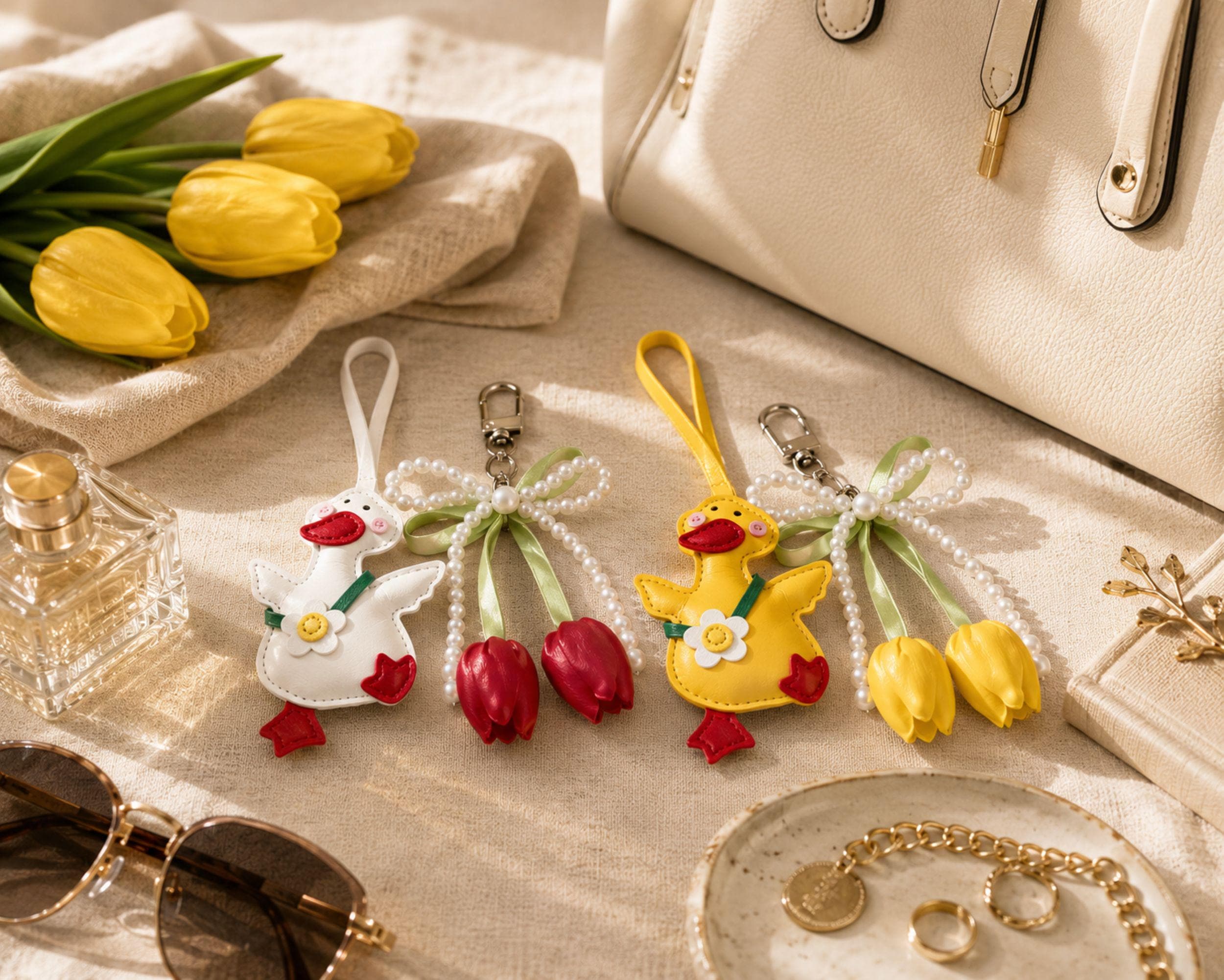 Yellow Duck Bag Charm personalized purse charm with tulip keychain, pearl bow, cute handbag accessory styling, and spring gift details.