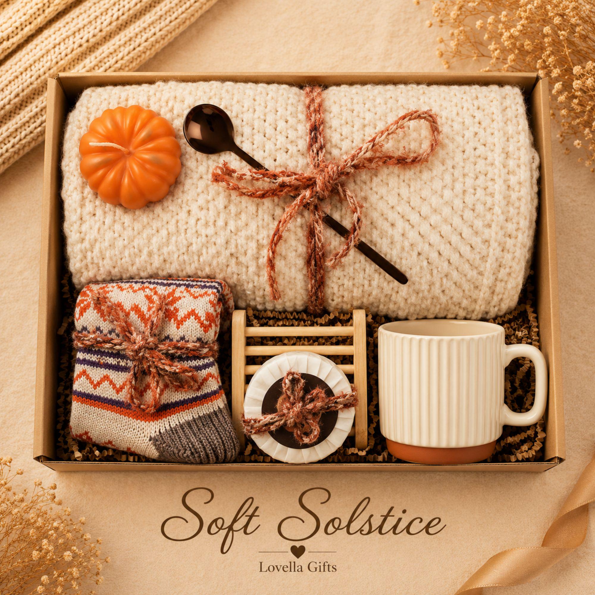 Thanksgiving gift box for women featuring a cozy knit blanket, handmade pumpkin soy candle, ceramic mug, artisan soap, decorative glass match bottle, plush teddy bear and cozy autumn socks in boutique gift packaging. Thanksgiving hostess gift basket perfect for hostess appreciation, thank you gifts, fall care packages, cozy blanket gifts, autumn self care, holiday gatherings, and seasonal gifts for mom, grandma, sister, friend, teacher or coworker.